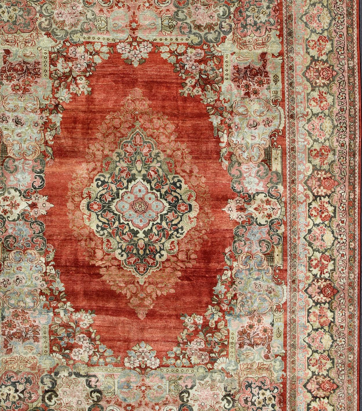 Hand-Knotted  Persian Antique Mahal Rug with Beautiful Floral Design in Red, Pink, and Green  For Sale