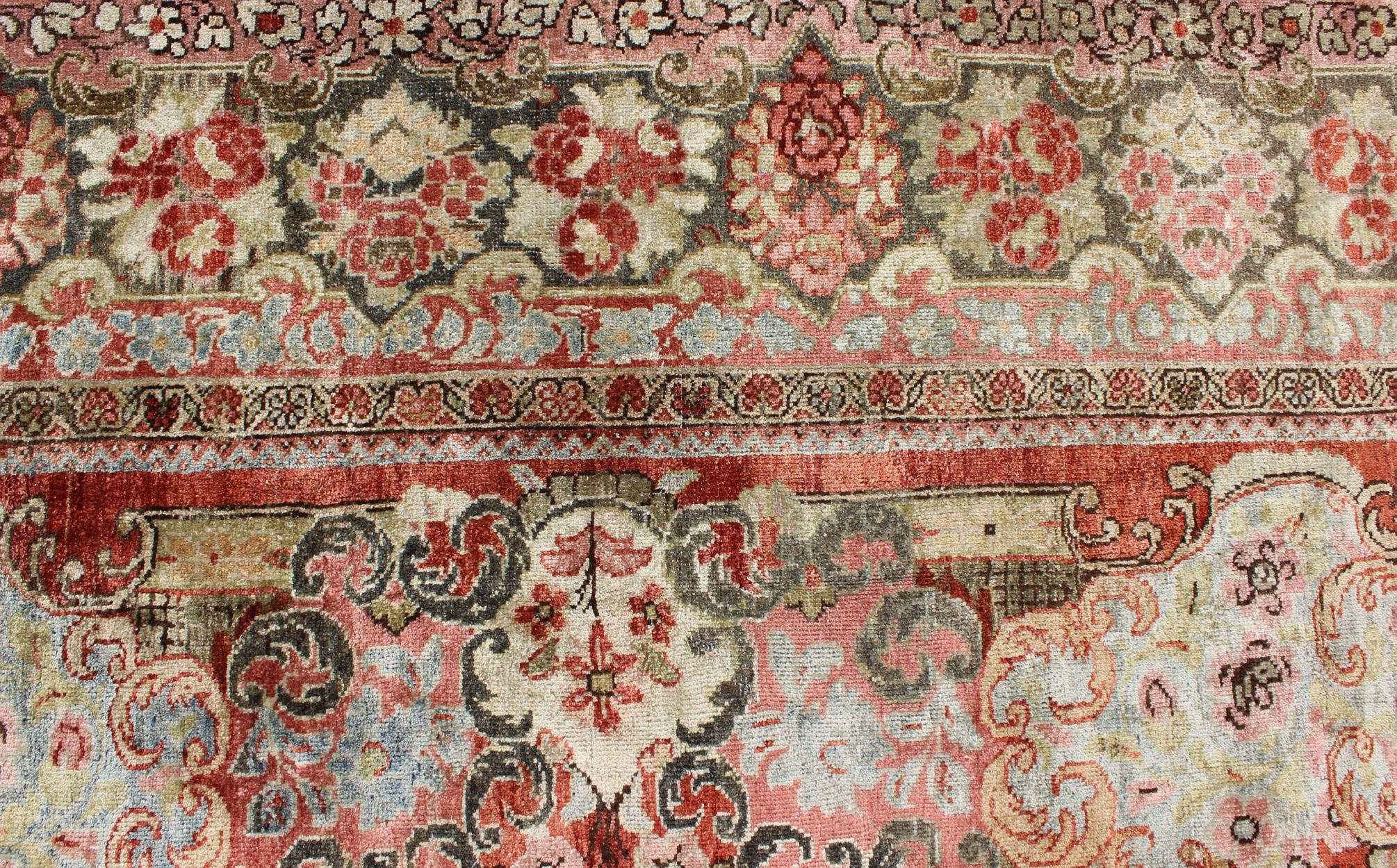 Mid-20th Century  Persian Antique Mahal Rug with Beautiful Floral Design in Red, Pink, and Green  For Sale