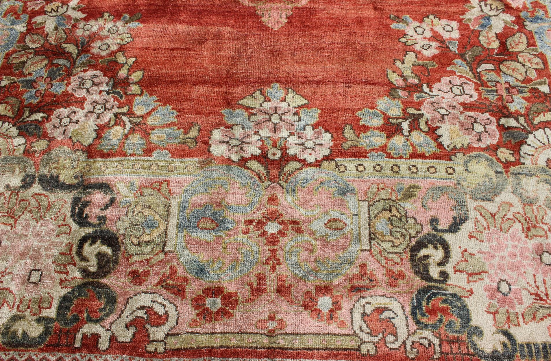 Wool  Persian Antique Mahal Rug with Beautiful Floral Design in Red, Pink, and Green  For Sale