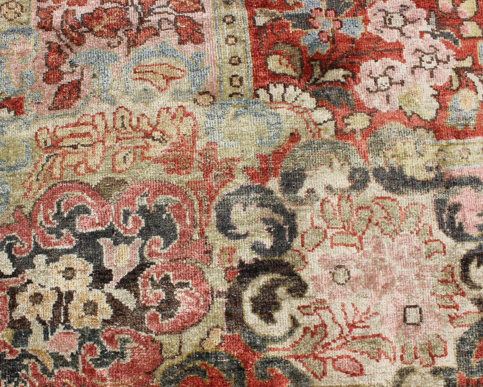 Persian Antique Mahal Rug with Beautiful Floral Design in Red, Pink, and Green For Sale 1
