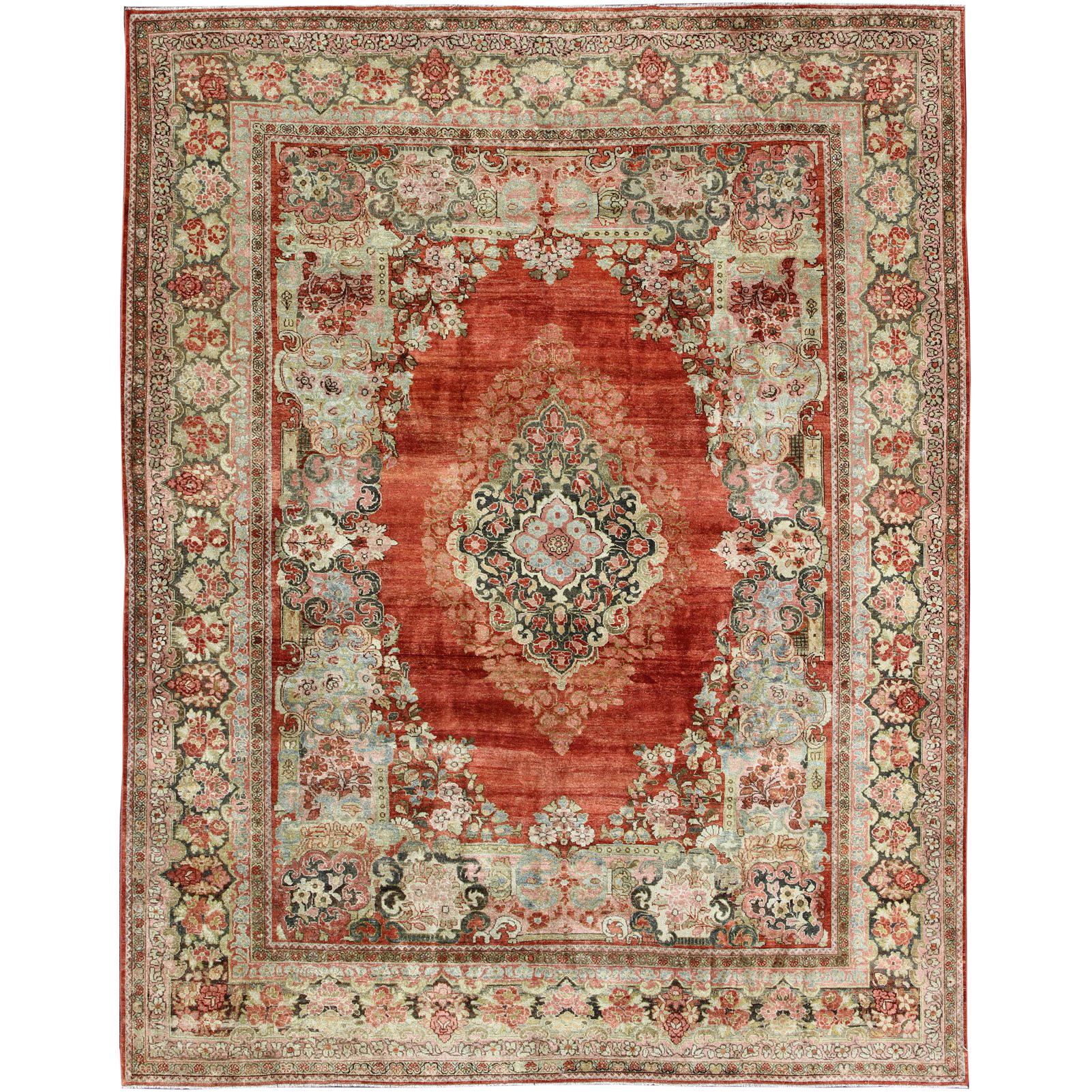  Persian Antique Mahal Rug with Beautiful Floral Design in Red, Pink, and Green  For Sale