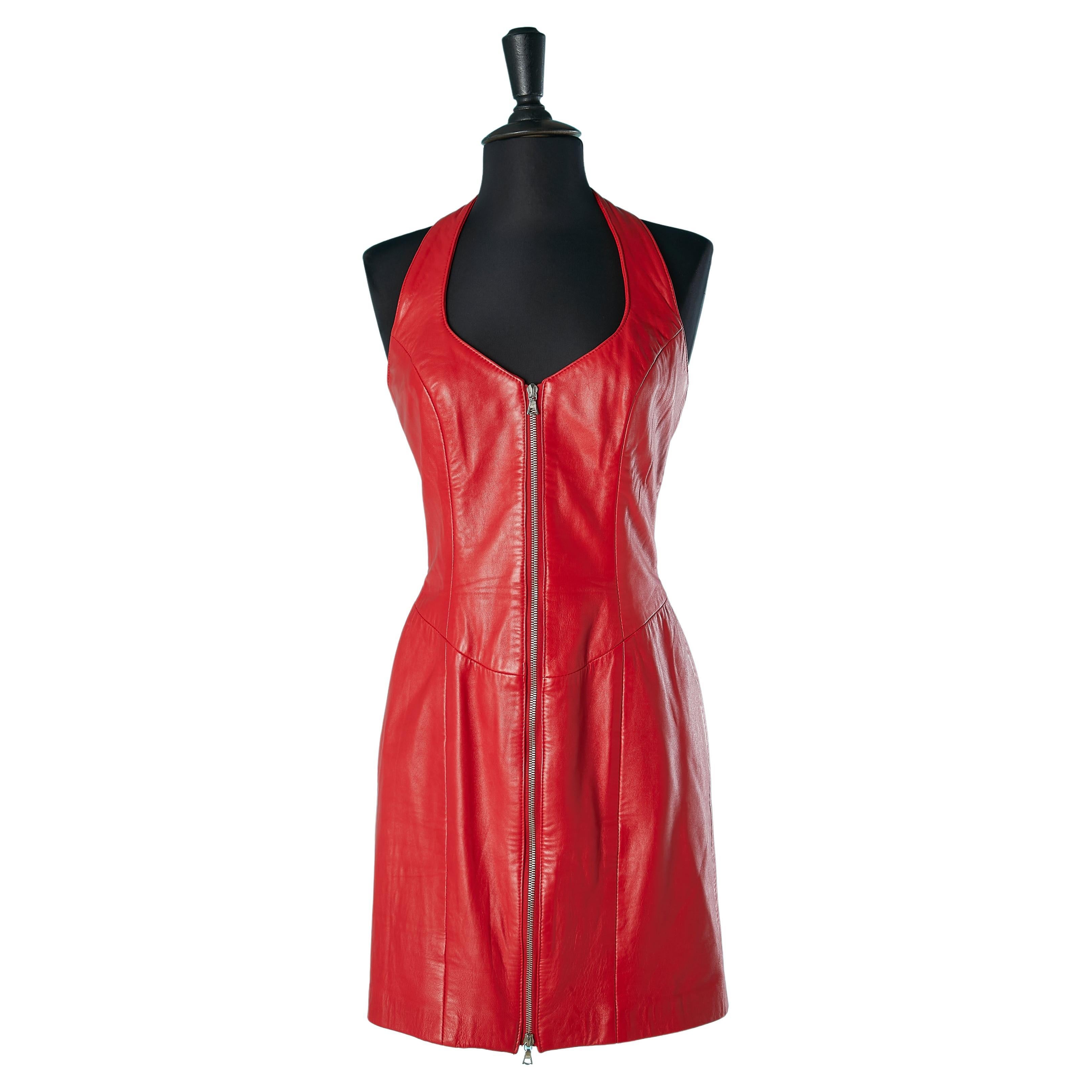 Red backless leather dress Michael Hoban for North Beach Leather  For Sale