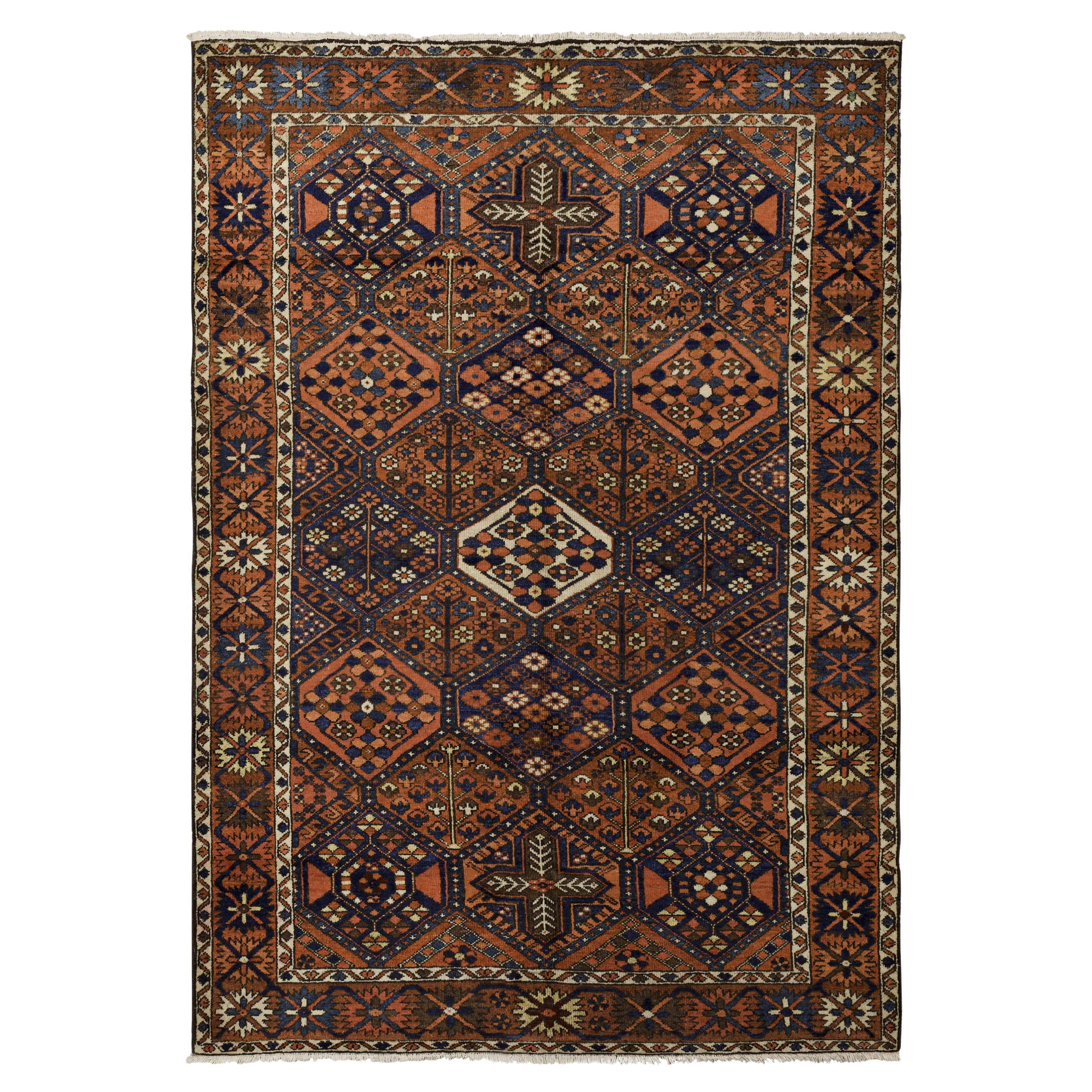 Red Bakhtiar Wool Hand Knotted Rug 4 ft x 7 ft, Tribal Lattice Heirloom