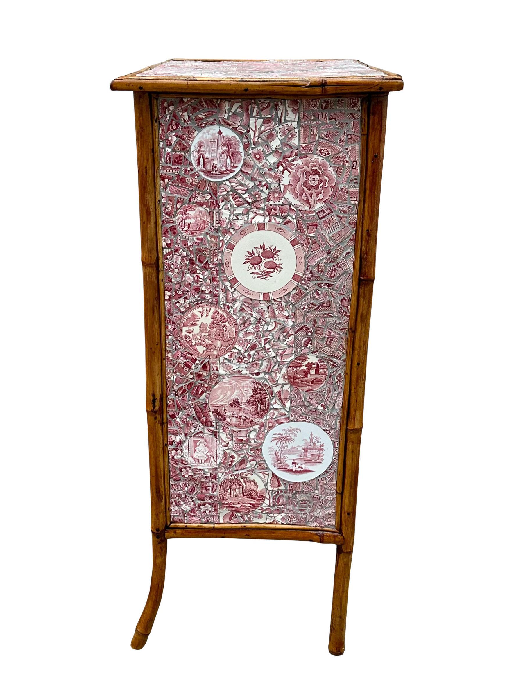Late 19th Century Red Bamboo Cabinet With Mosaic  For Sale