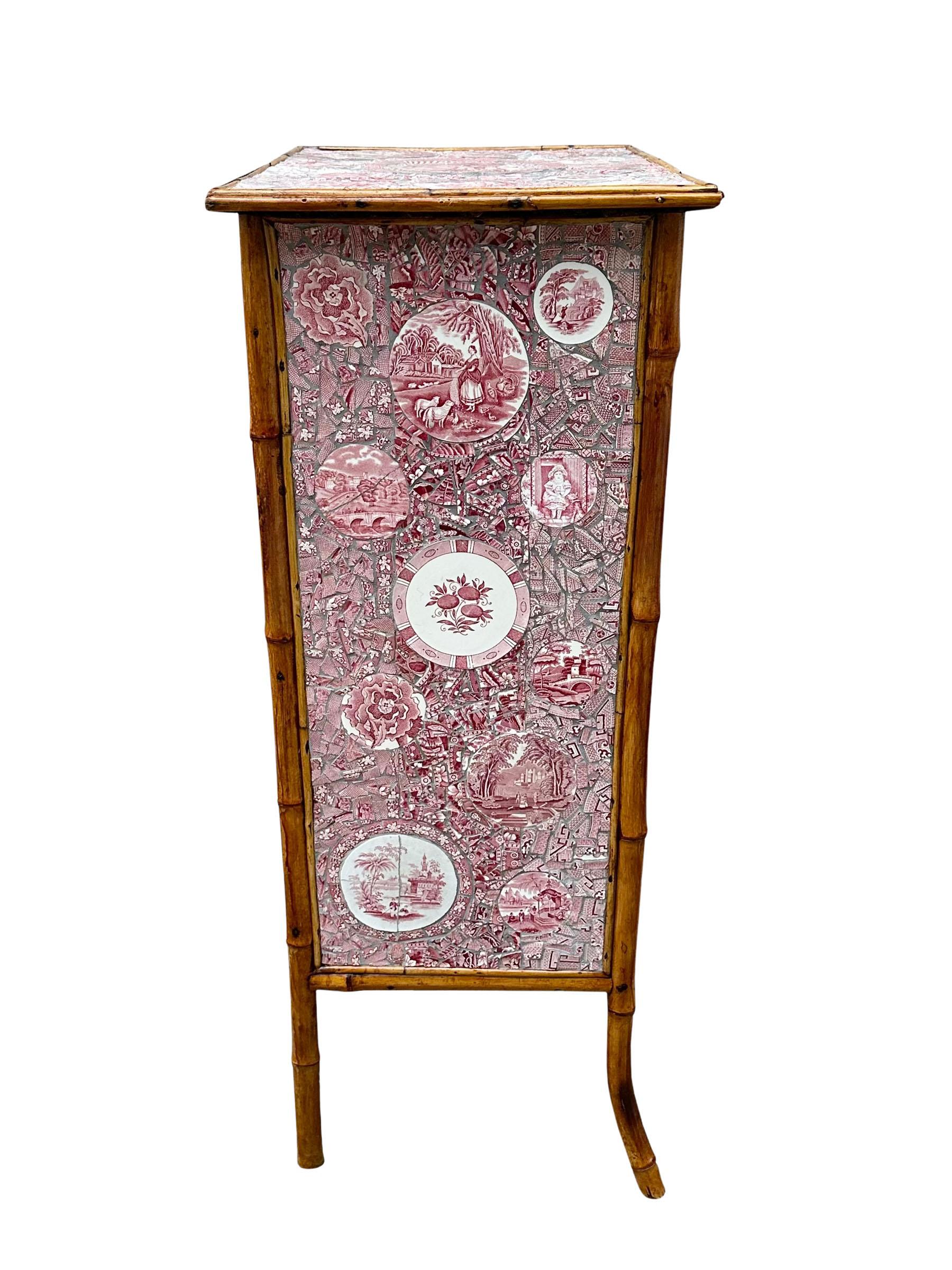 Red Bamboo Cabinet With Mosaic  For Sale 1