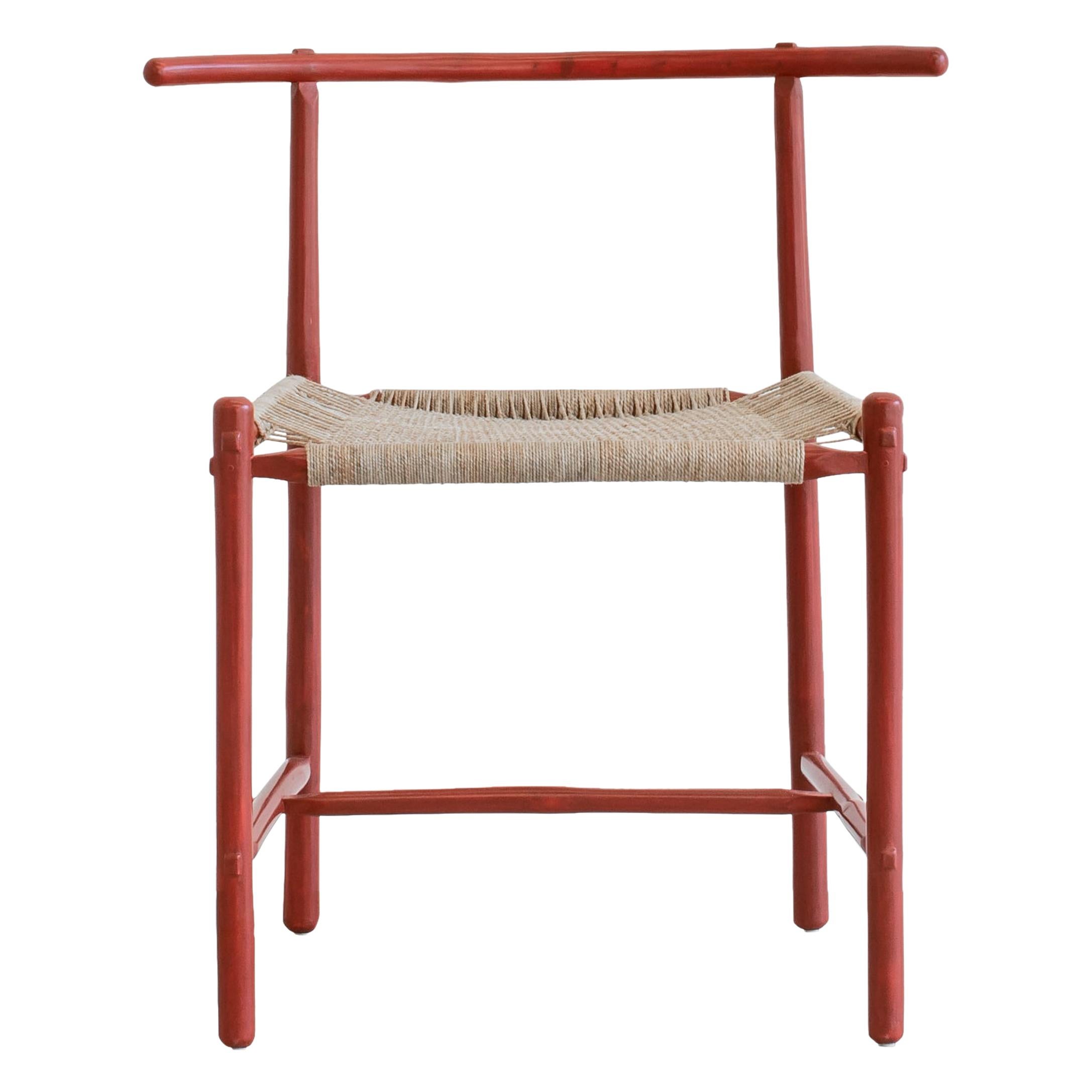 Red Bamboo Chair with Woven Seat in Rope Handmade by Studio Mumbai