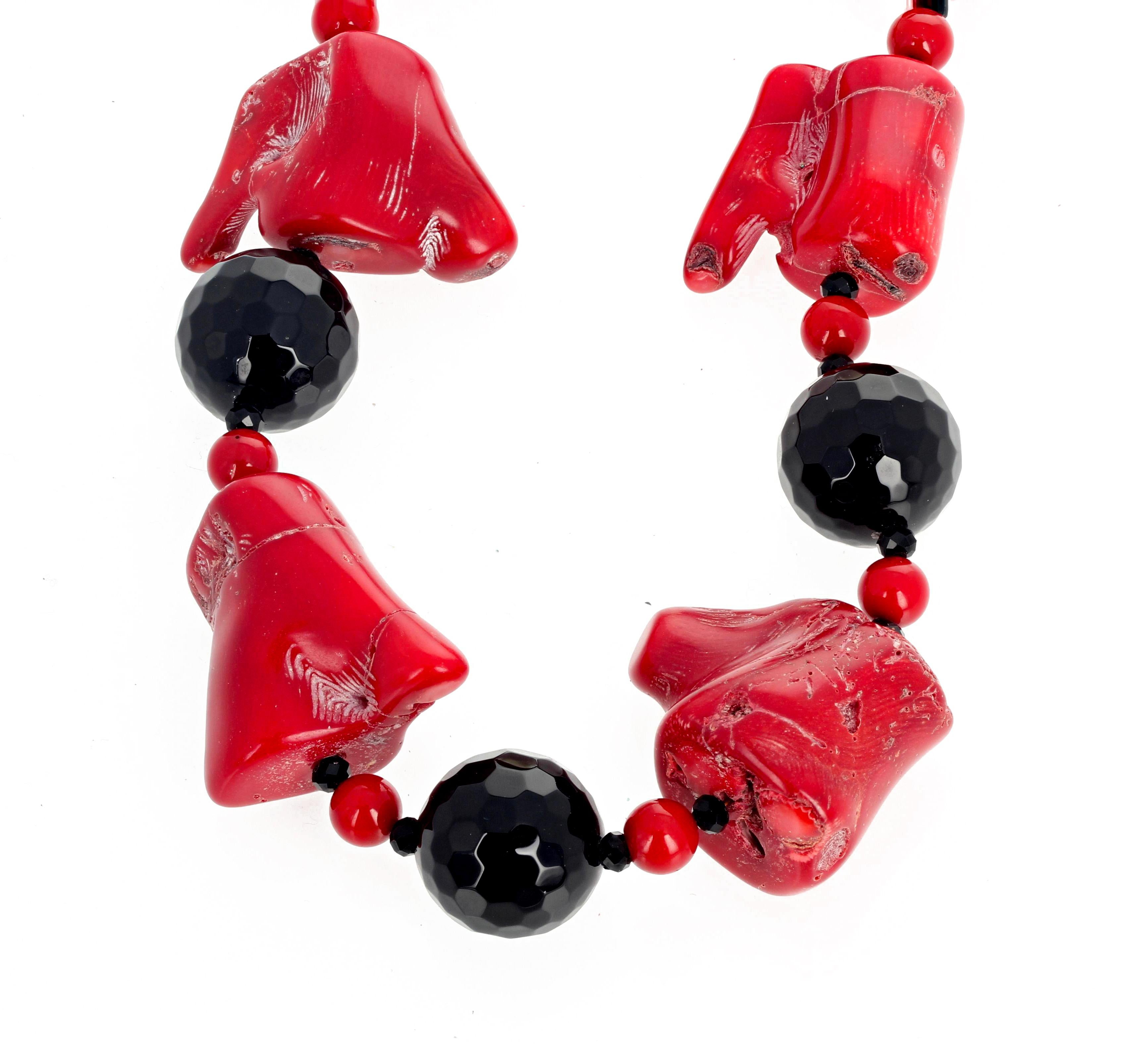 Mixed Cut AJD Superbly Chic Large Red Bamboo Coral & Black Onyx Necklace For Sale