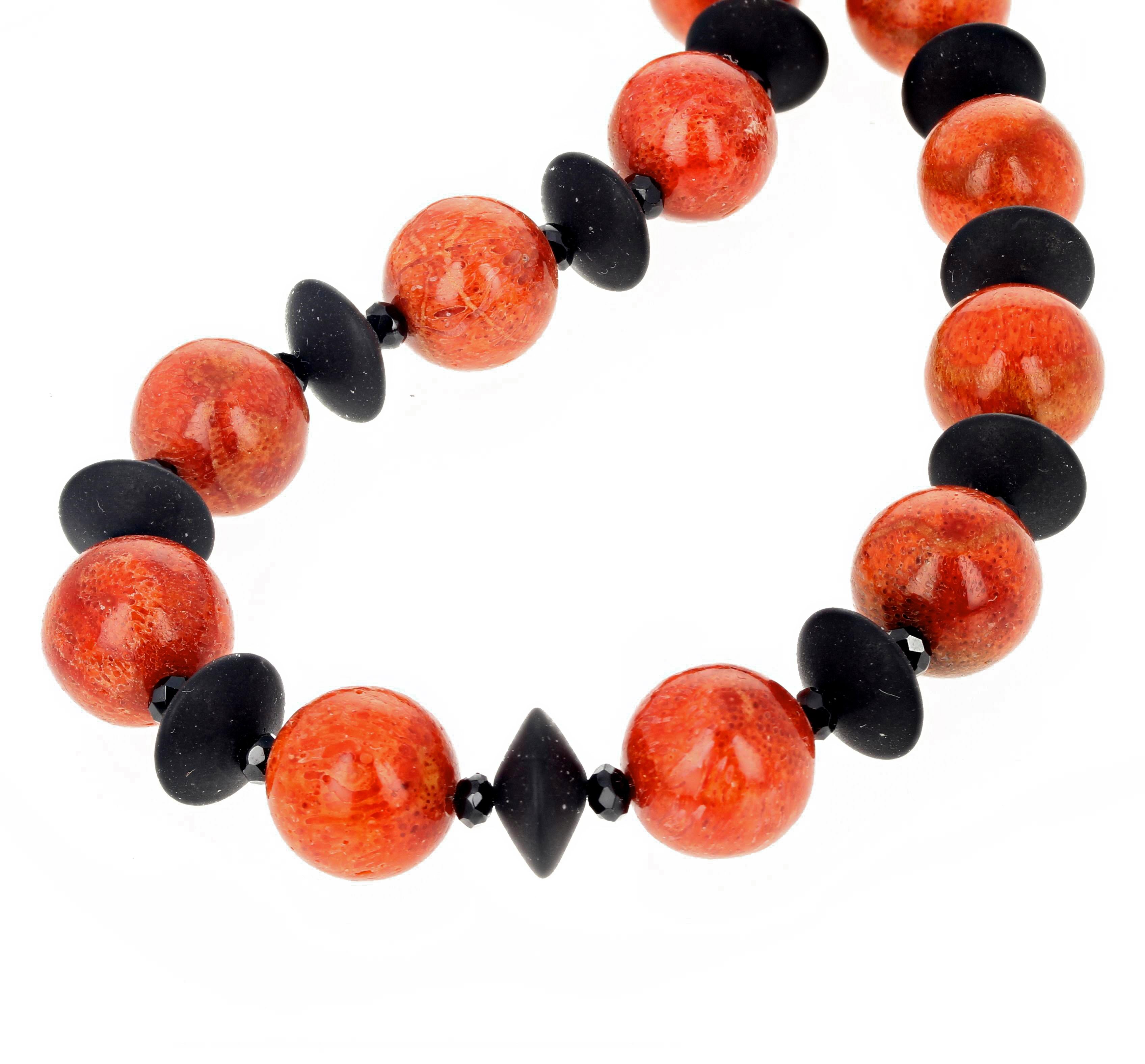 Mixed Cut AJD Very Chic Real Red Bamboo Coral & Black Onyx Necklace