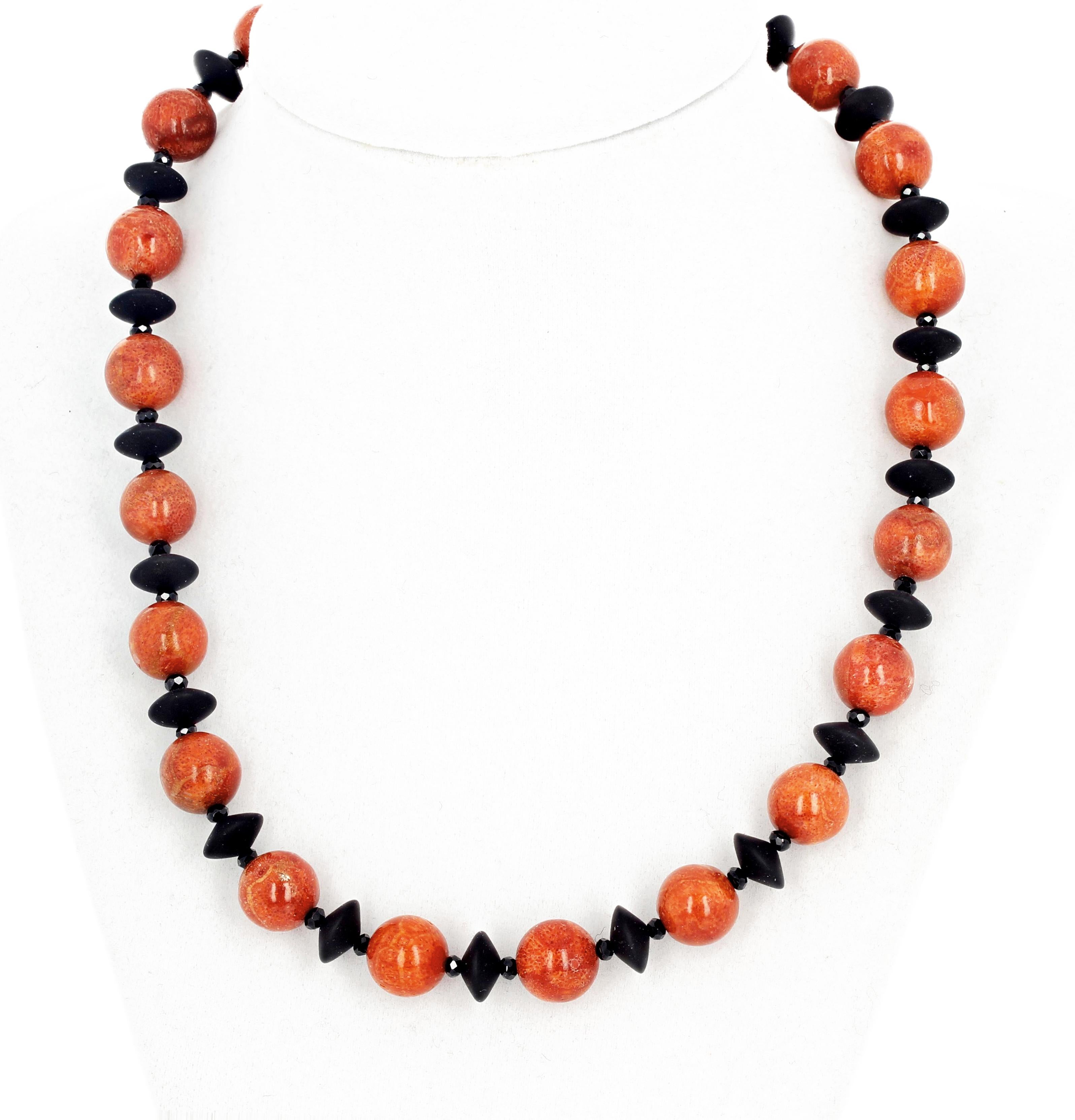Women's or Men's AJD Very Chic Real Red Bamboo Coral & Black Onyx Necklace