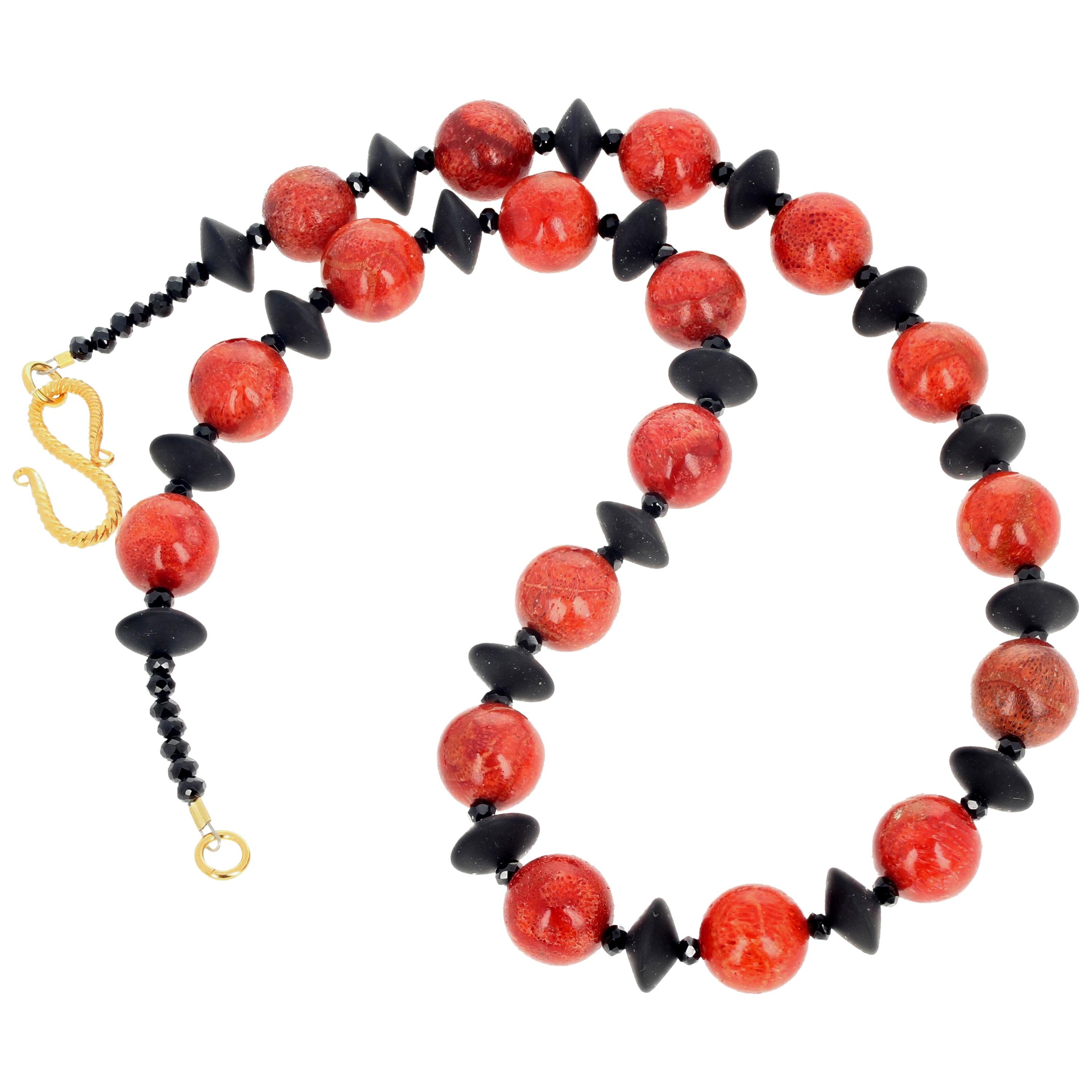 AJD Very Chic Real Red Bamboo Coral & Black Onyx Necklace