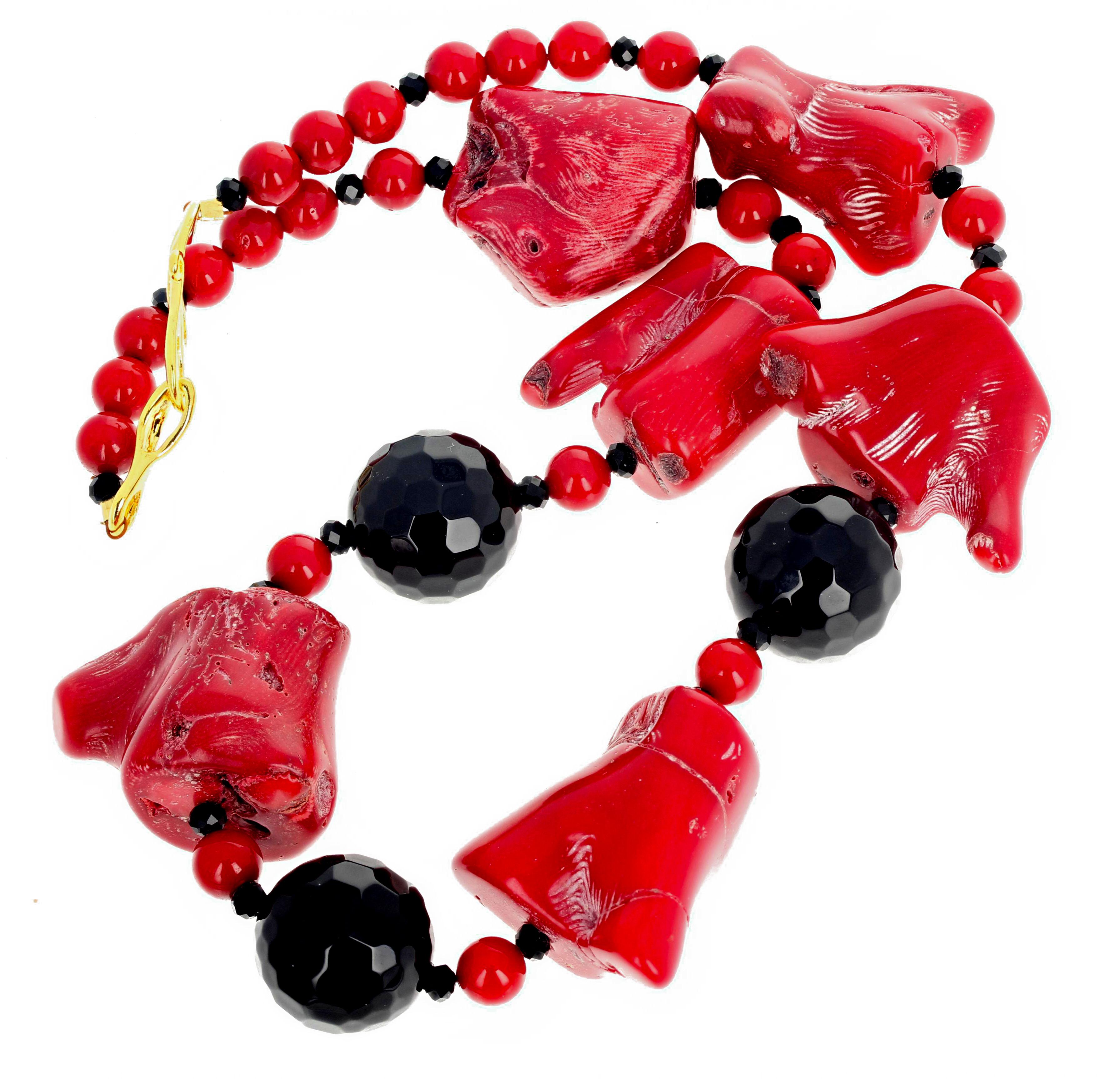 AJD Superbly Chic Large Red Bamboo Coral & Black Onyx Necklace For Sale