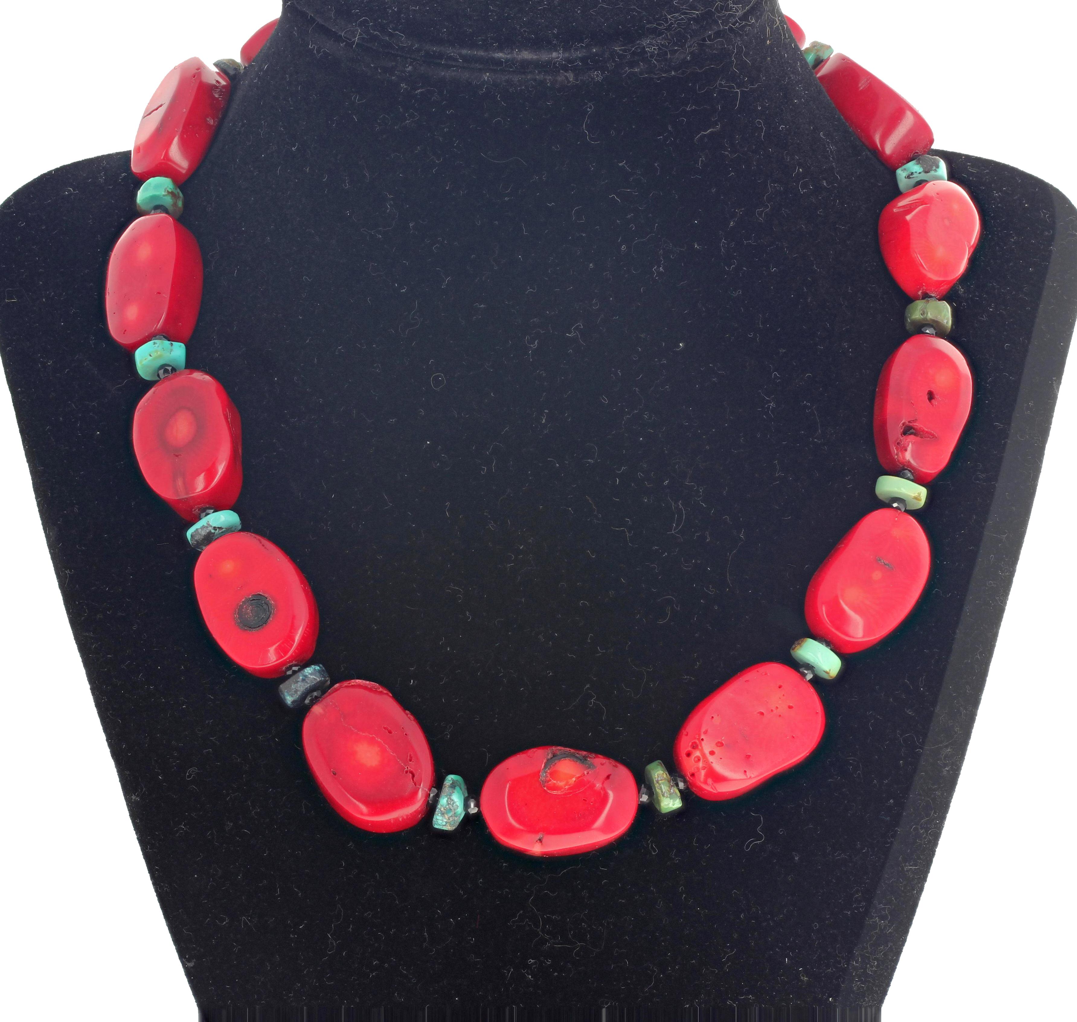 Beautiful natural red Bamboo Coral accented with Blue/green natural Turquoise rondels and enhanced with sparkling gem cut black Spinel set in an elegant necklace with a sterling silver hook clasp.  This is for  