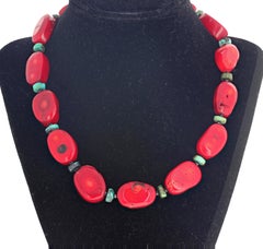 AJD Elegant Beautiful Red Bamboo Coral, Turquoise, & Spinel Necklace