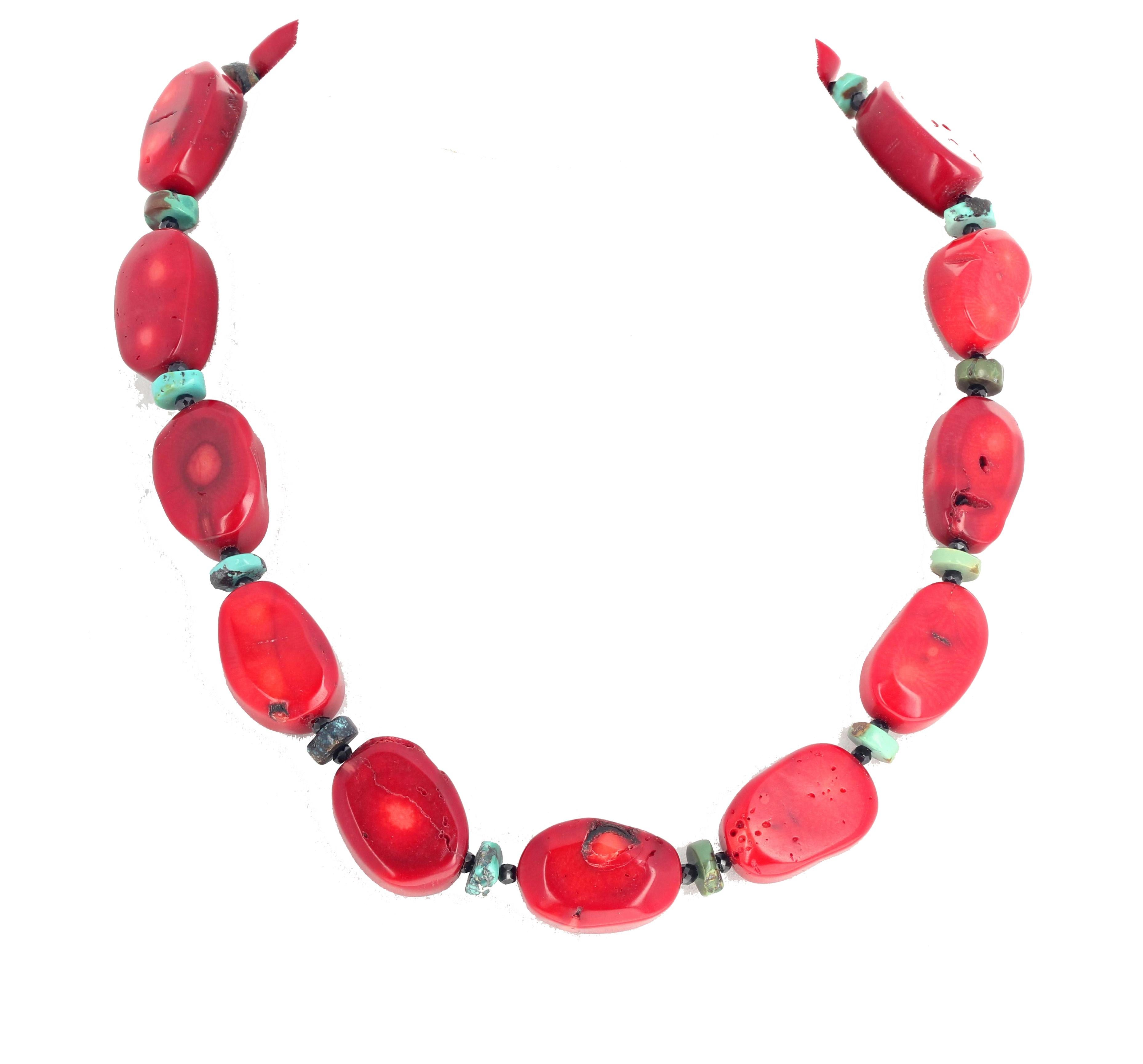 Mixed Cut AJD Elegant Beautiful Red Bamboo Coral, Turquoise, & Spinel Necklace For Sale