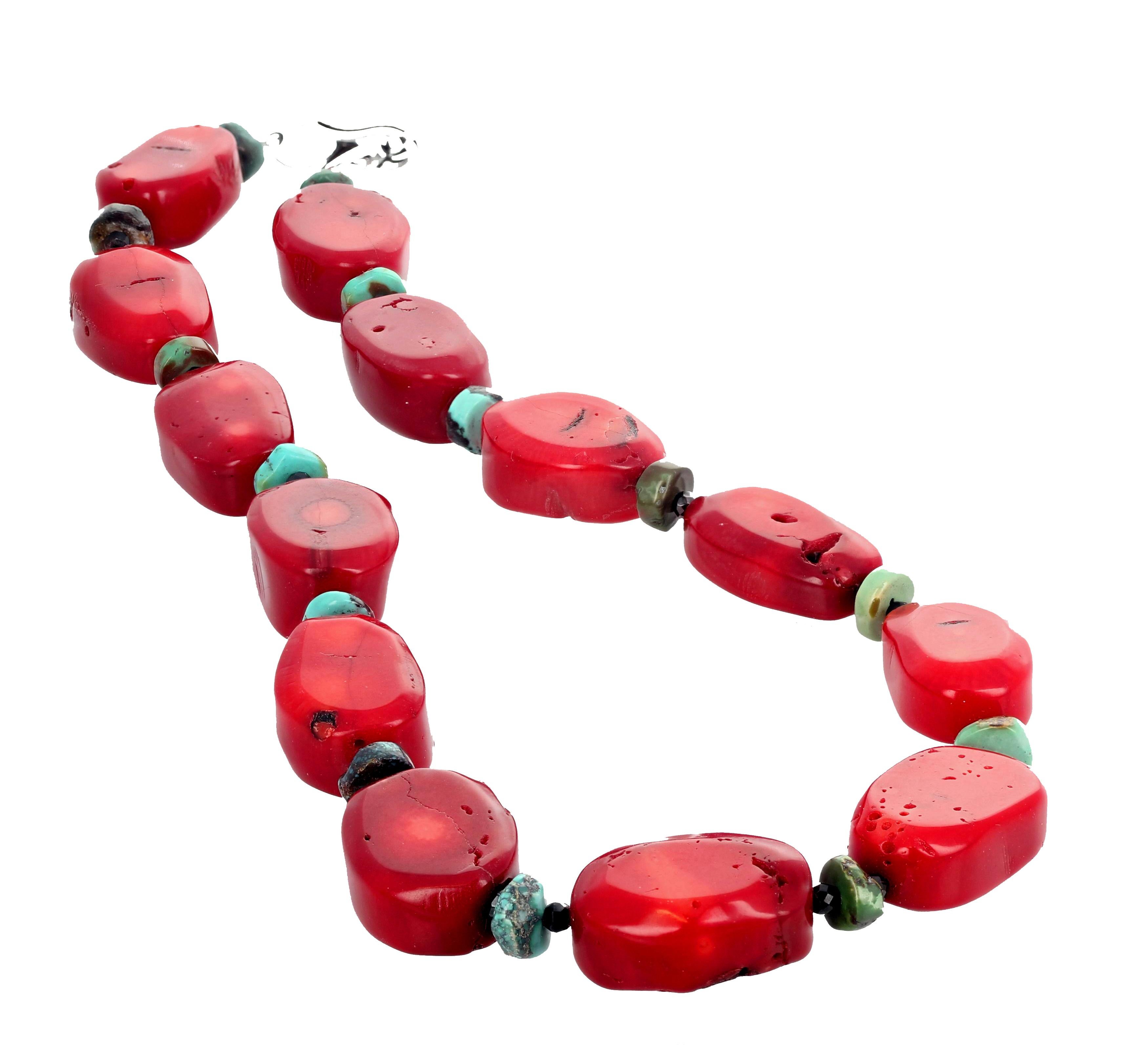 AJD Elegant Beautiful Red Bamboo Coral, Turquoise, & Spinel Necklace In New Condition For Sale In Raleigh, NC