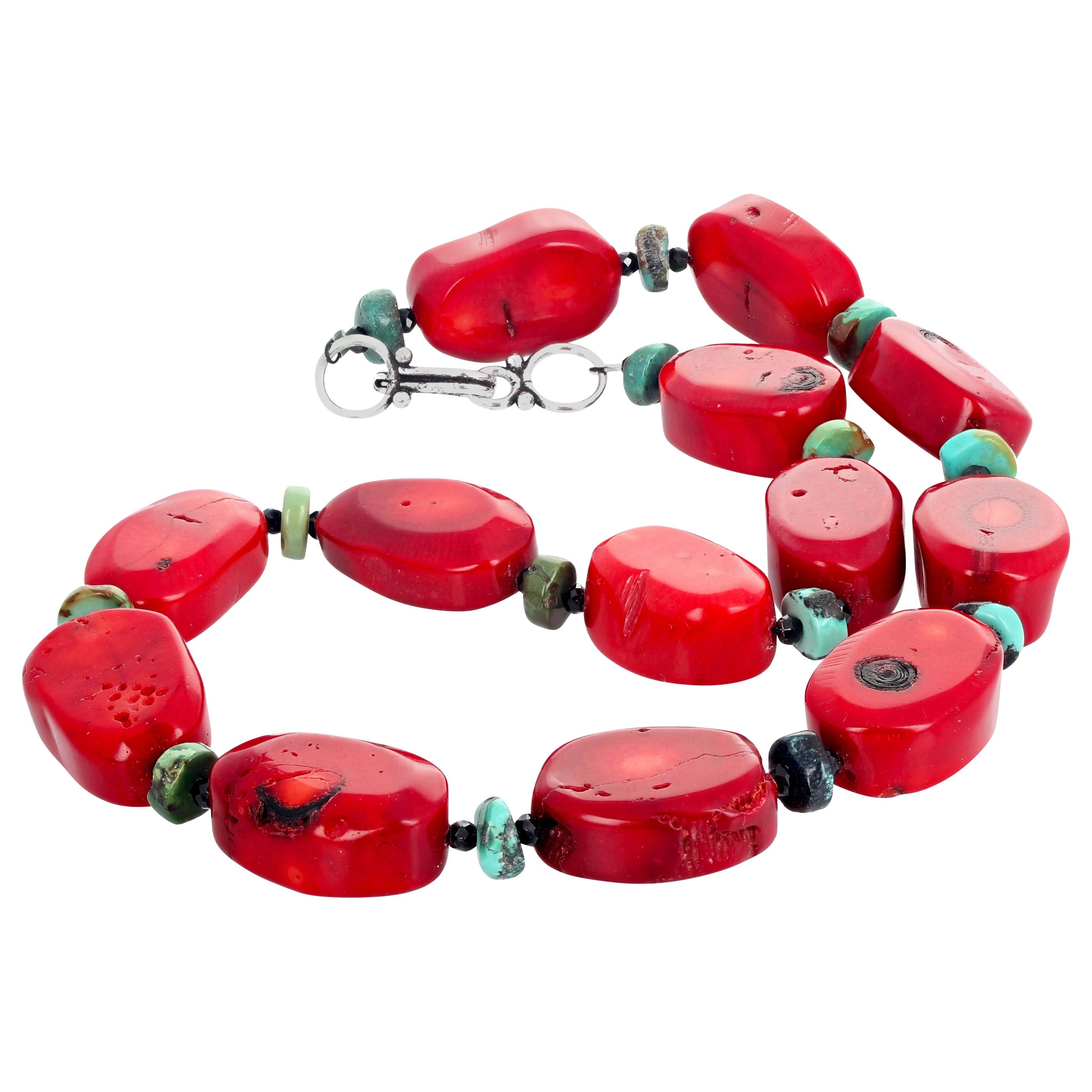AJD Elegant Beautiful Red Bamboo Coral, Turquoise, & Spinel Necklace For Sale
