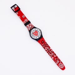 Reloj de pulsera "Trash" de bandana roja con esfera de corazón y correa de piel de Swatch, años 90