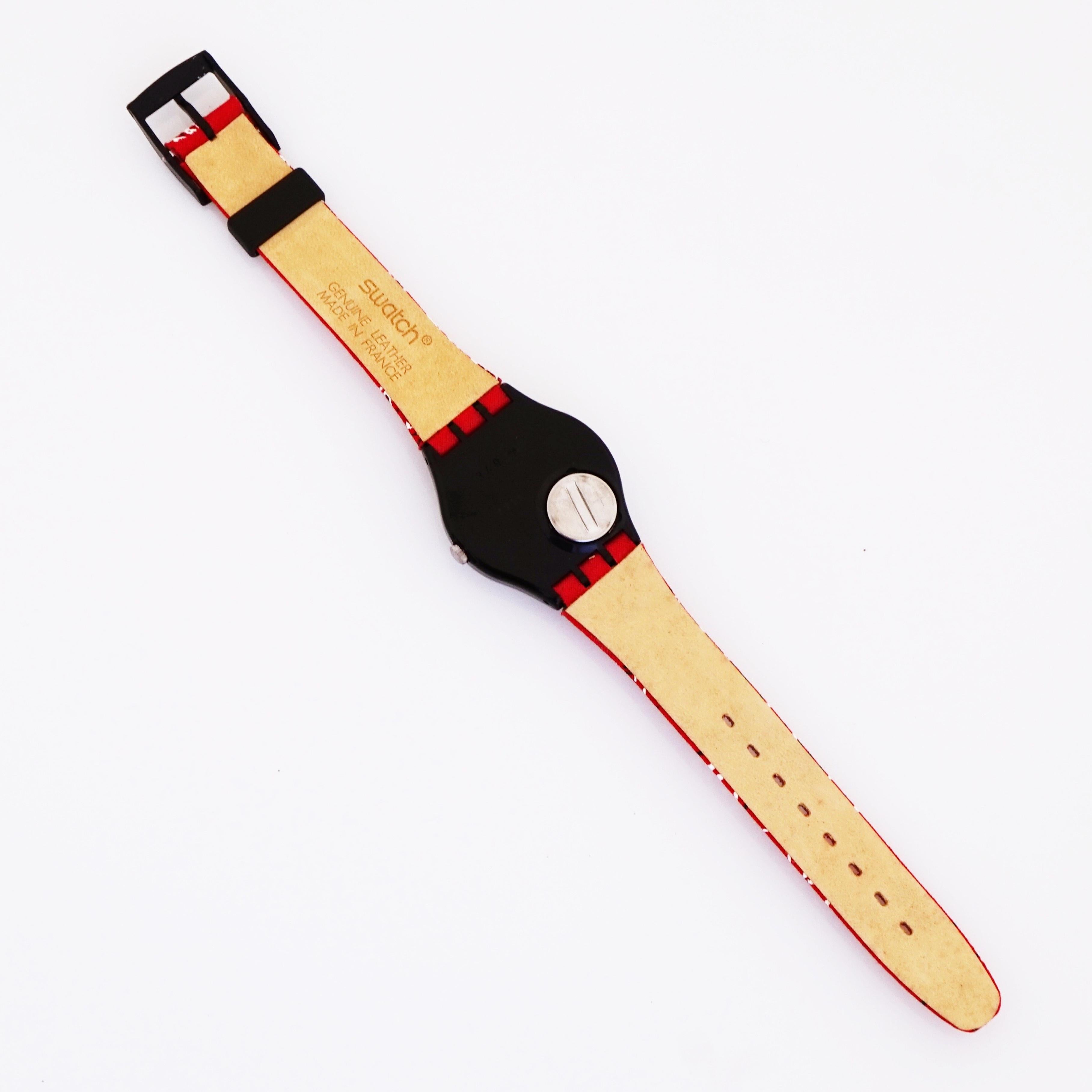 Moderne Montre-bracelet Bandana rouge «rash » avec cadran en forme de cœur et bracelet en cuir par Swatch, années 1990