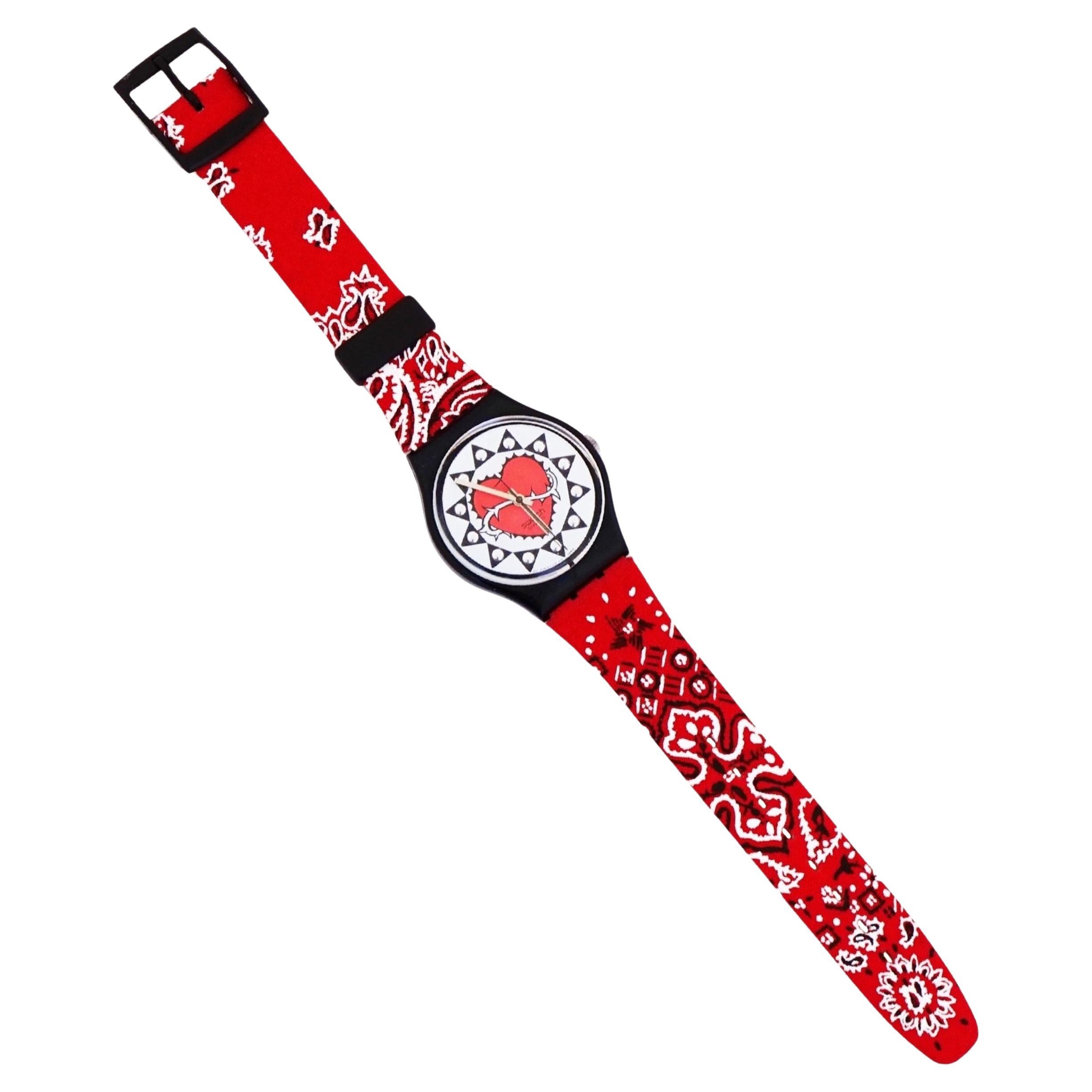 Red Bandana "Trash" Wristwatch With Heart Face and Leather Band By Swatch, 1990s For Sale