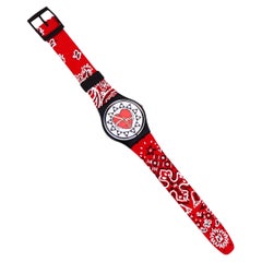 Red Bandana "Trash" Wristwatch With Heart Face and Leather Band By Swatch, 1990s