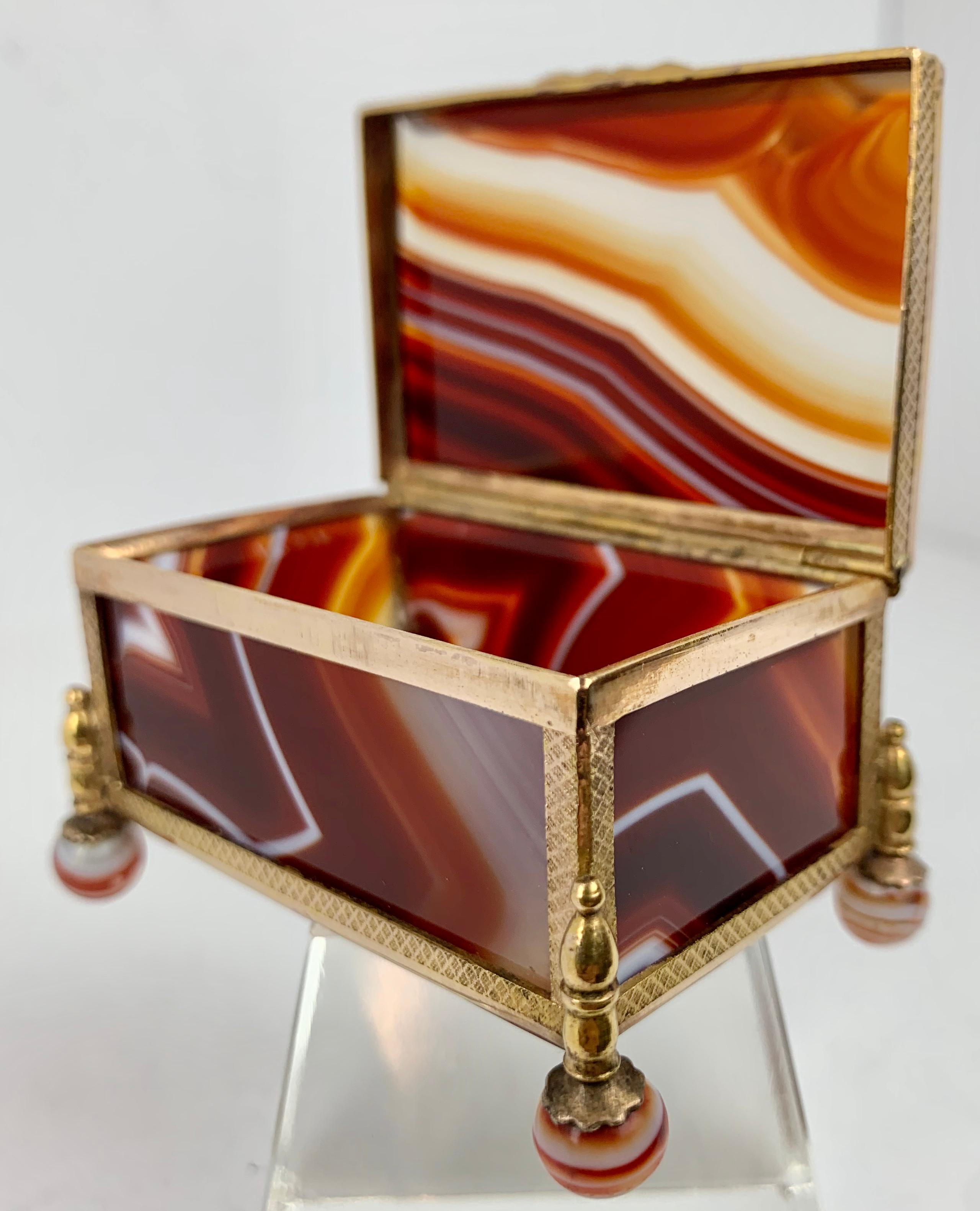 Victorian  Red Scottish Banded Agate Hinged Stone Box with Gilt Frame-