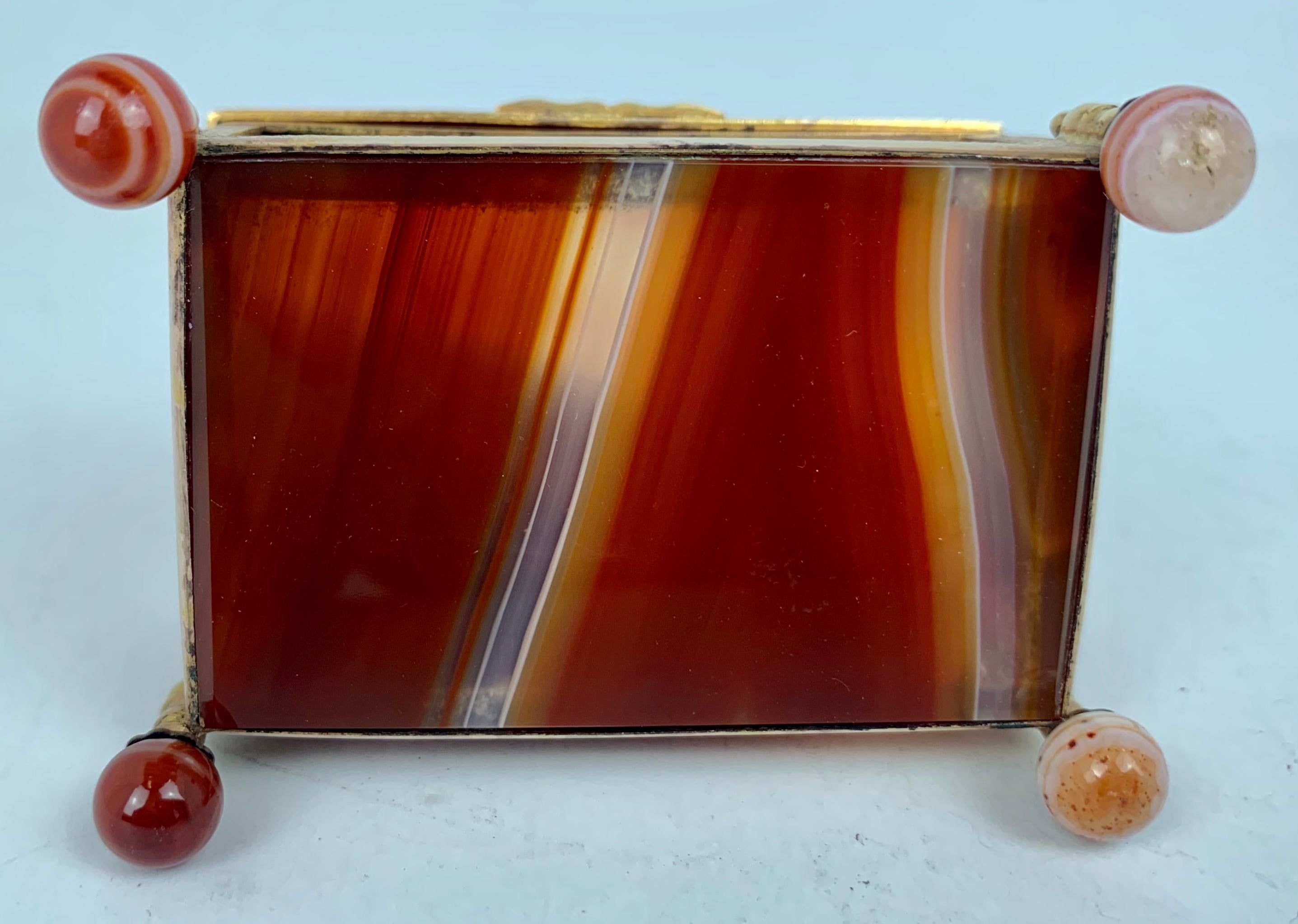 French  Red Scottish Banded Agate Hinged Stone Box with Gilt Frame-