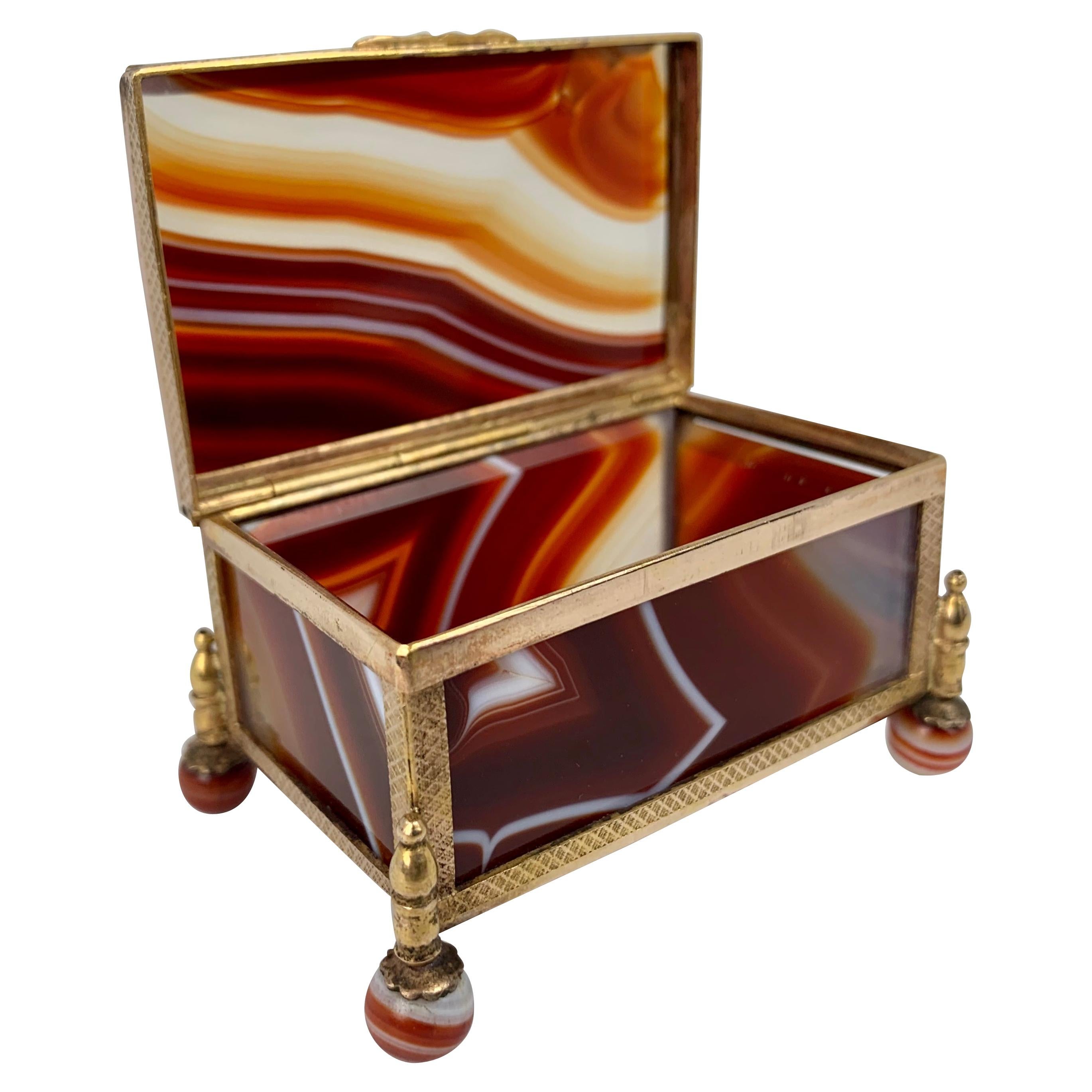  Red Scottish Banded Agate Hinged Stone Box with Gilt Frame-