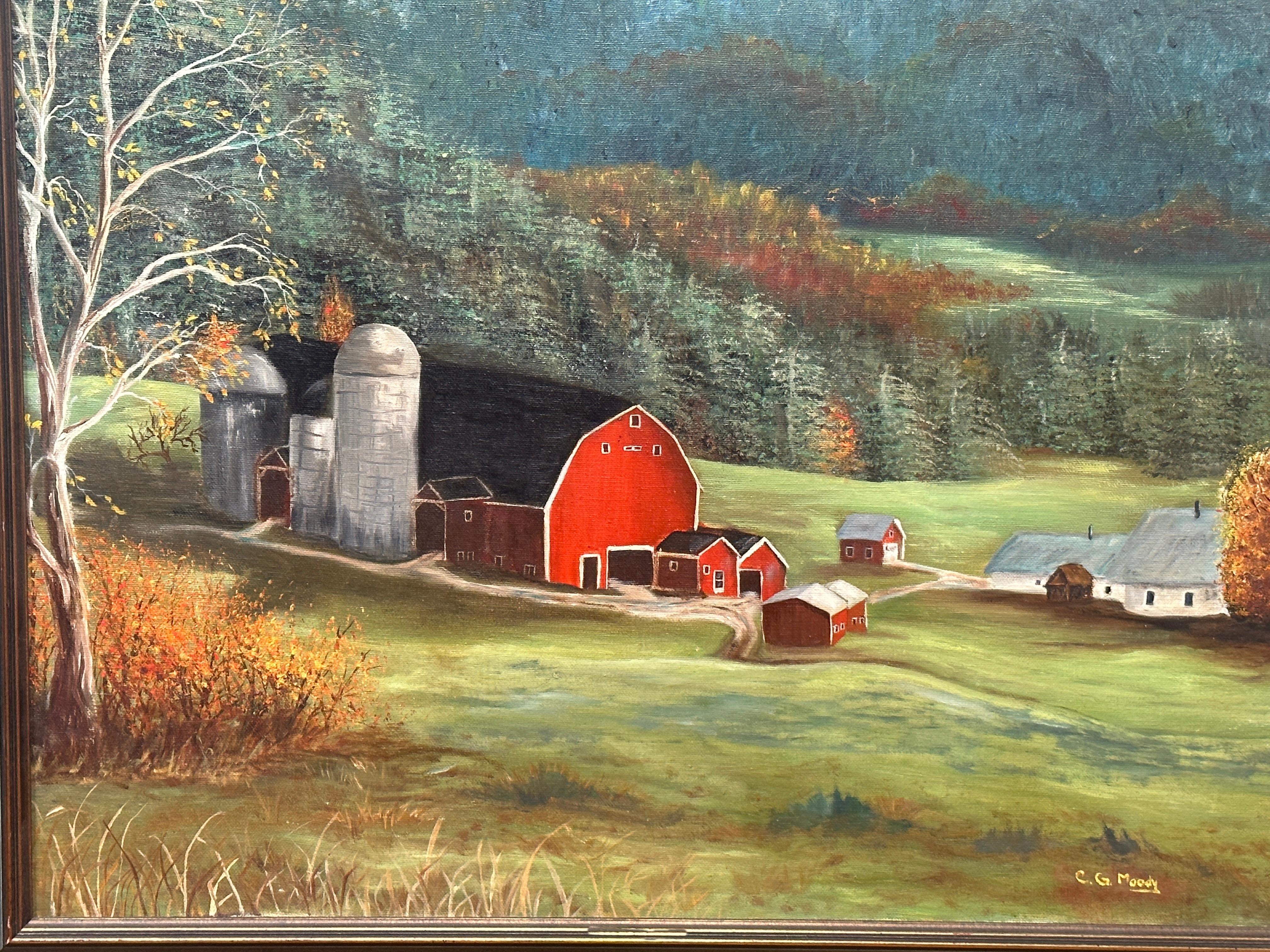 Oil painting on canvas proudly signed C. G. Moody untraceable painter!
It sits in a very nice and matching frame chosen by the artist.

In this impressionist painting from the 1960s, depicting a farm with a silo in New England.
 Moody enhances