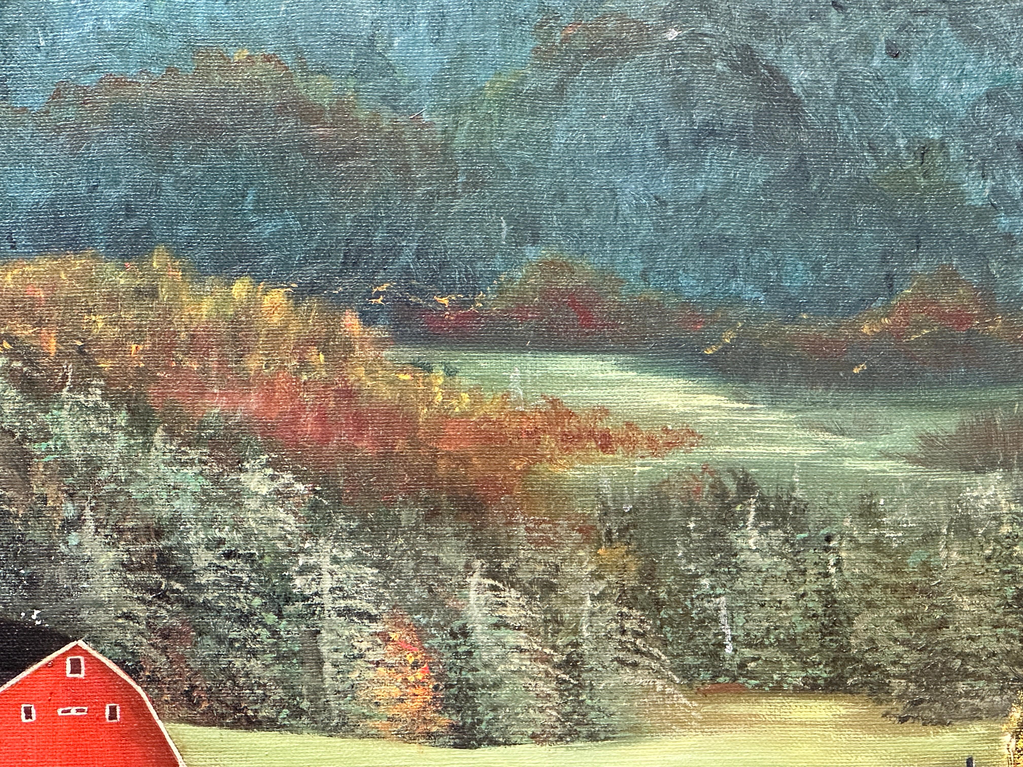 Néo-classique Huile sur toile de grange rouge - Paysage signé C.G Moody  en vente