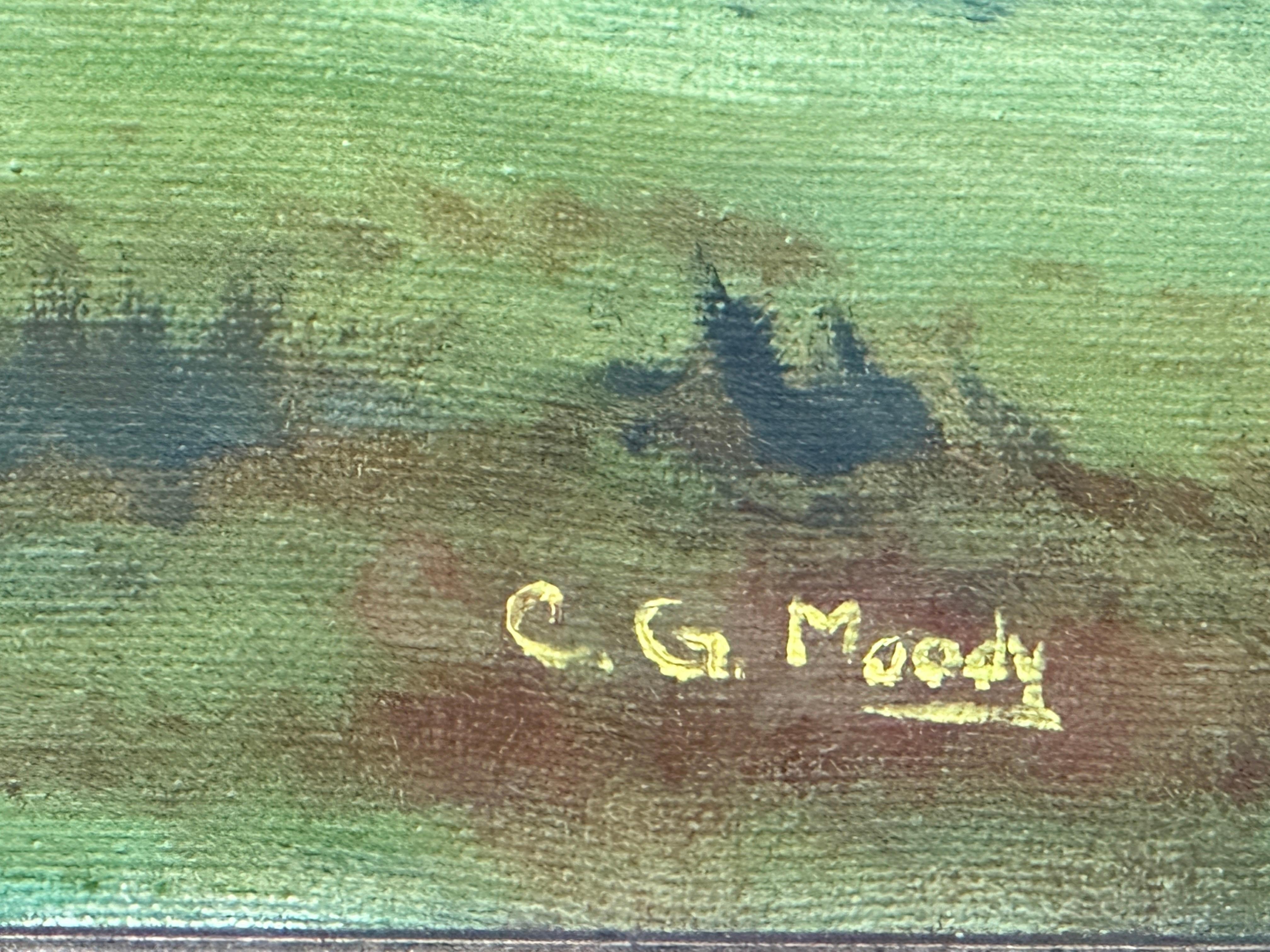 Milieu du XXe siècle Huile sur toile de grange rouge - Paysage signé C.G Moody  en vente