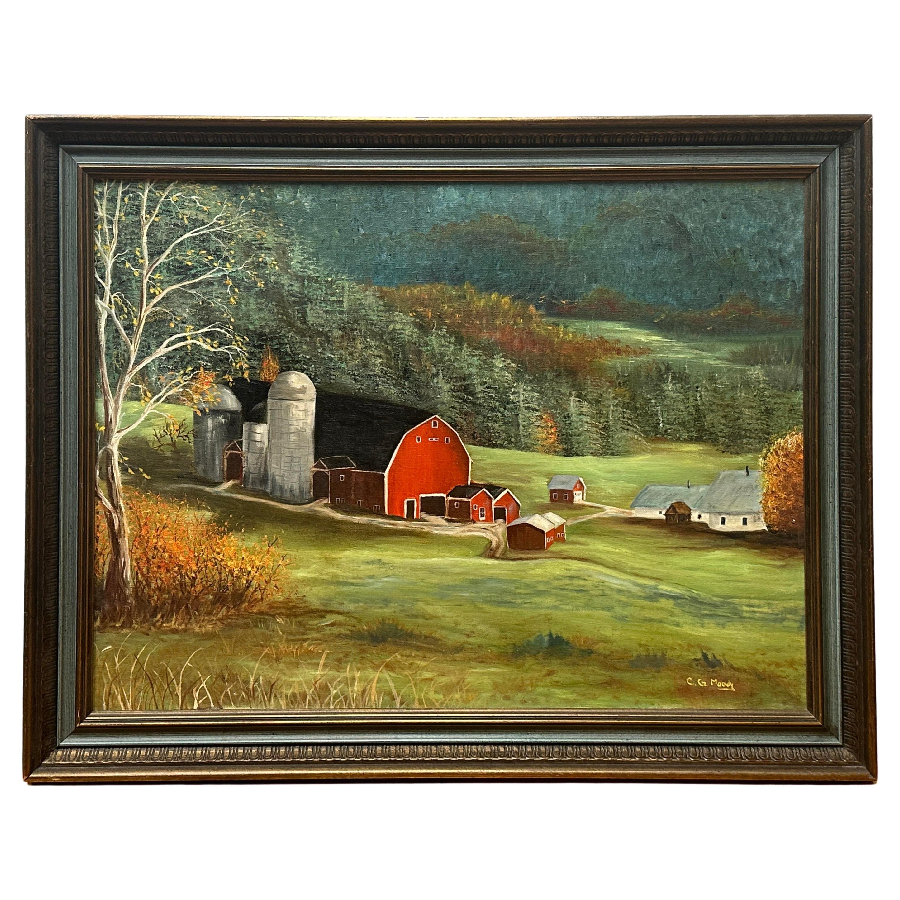 Huile sur toile de grange rouge - Paysage signé C.G Moody 