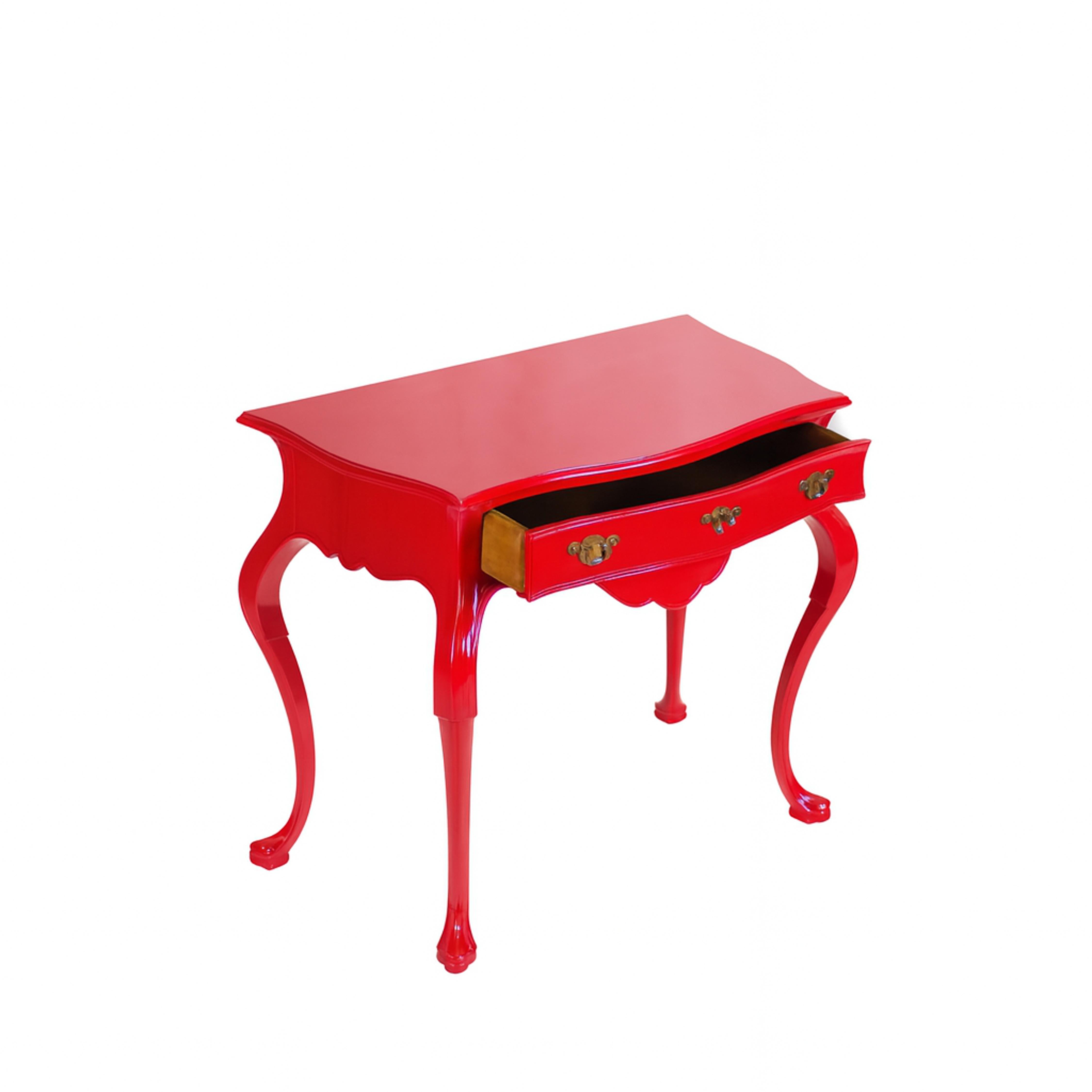 Elevate your space with this high-end portuguese Baroque-style wood table commode, now reimagined in sleek refinished in red color reference color reference by expert artisans. Featuring a single drawer with a cut-out top that follows the elegant