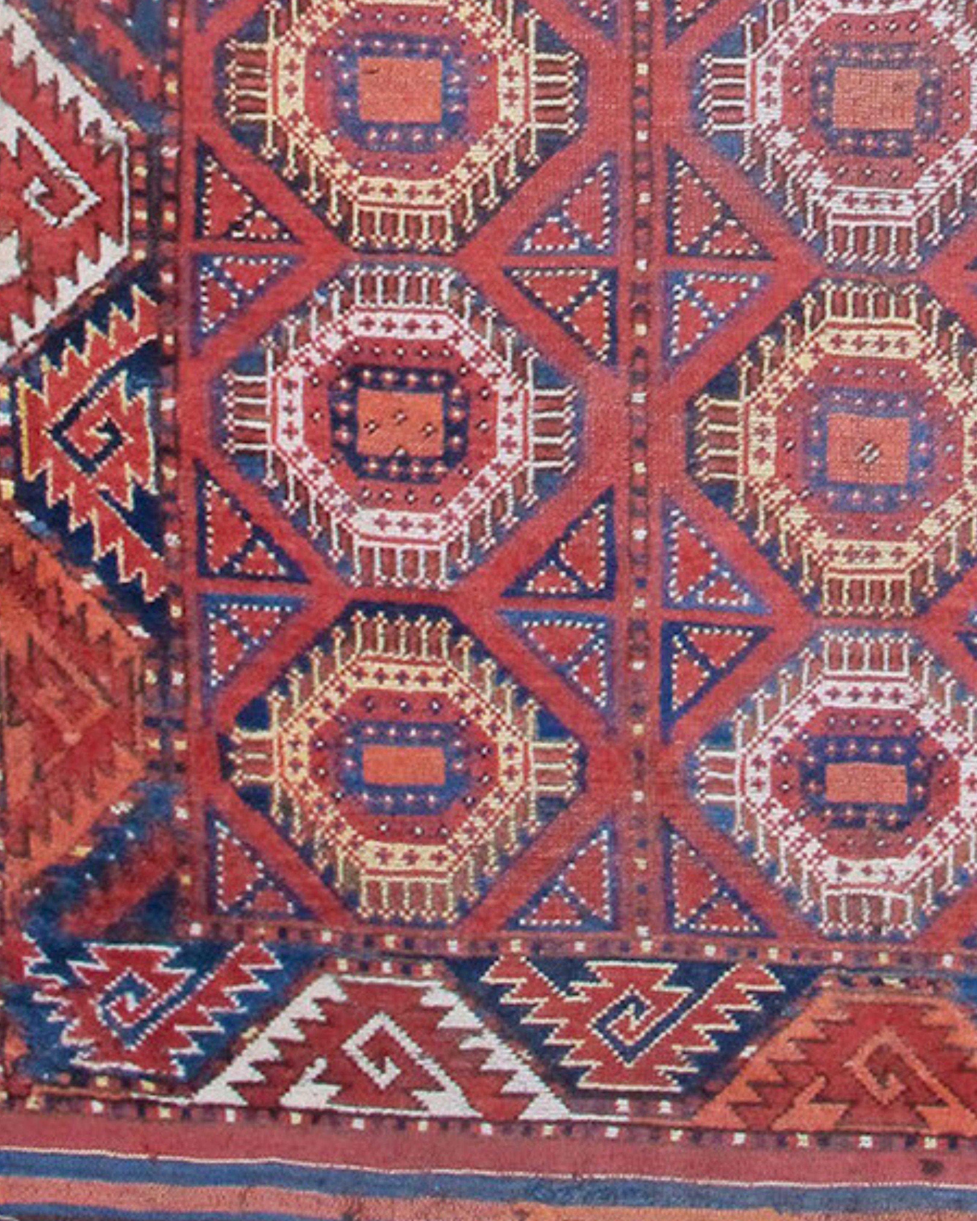 Hand-Knotted Red Bashir Ersari Long Rug with Tiled Octagons, 19th Century For Sale