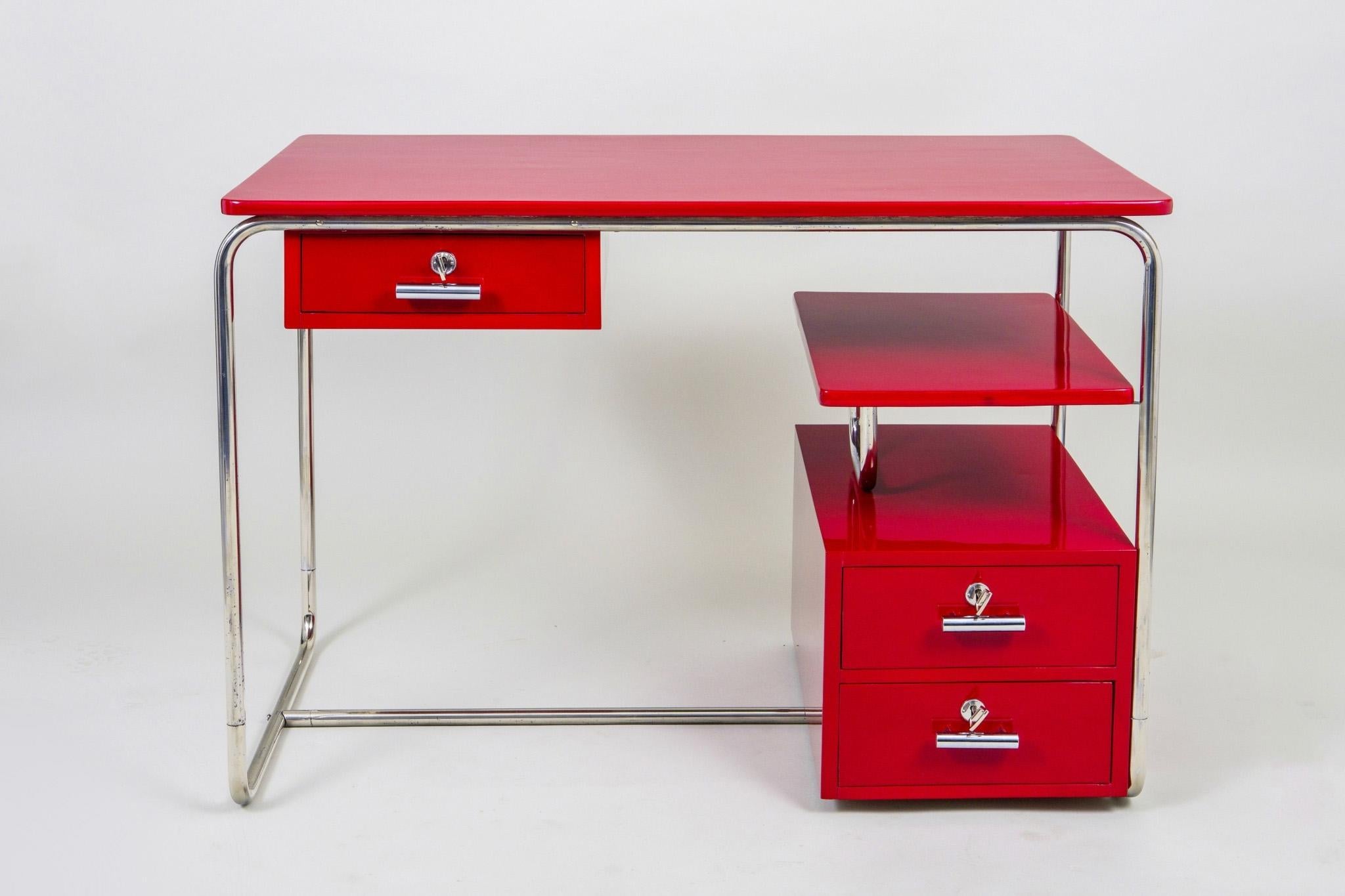 Steel Red Bauhaus Writing Desk Made in 1930s Germany, Restored 
