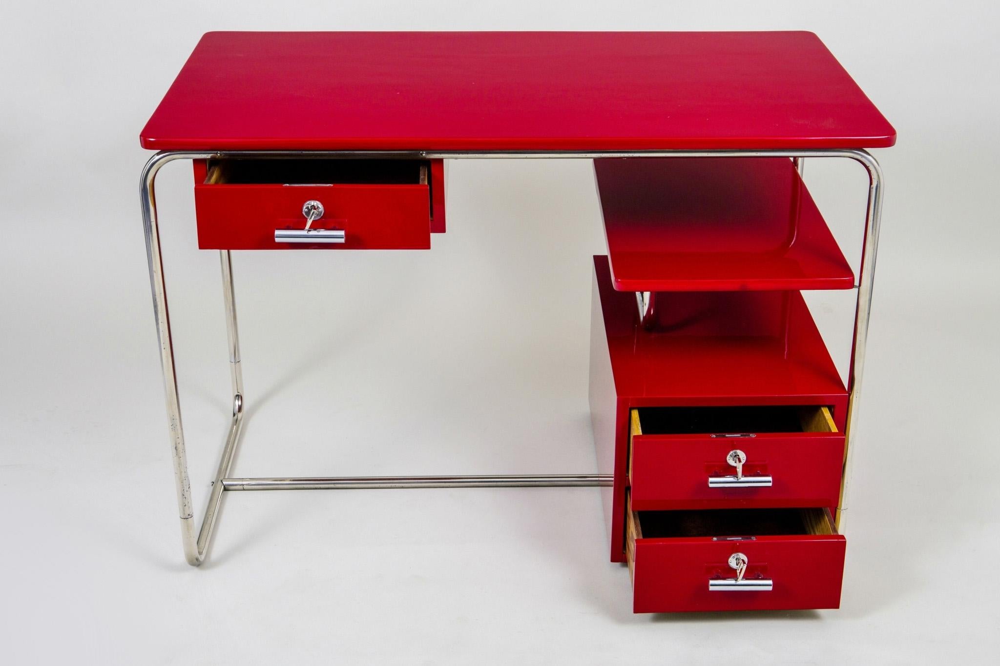 Red Bauhaus Writing Desk Made in 1930s Germany, Restored  1