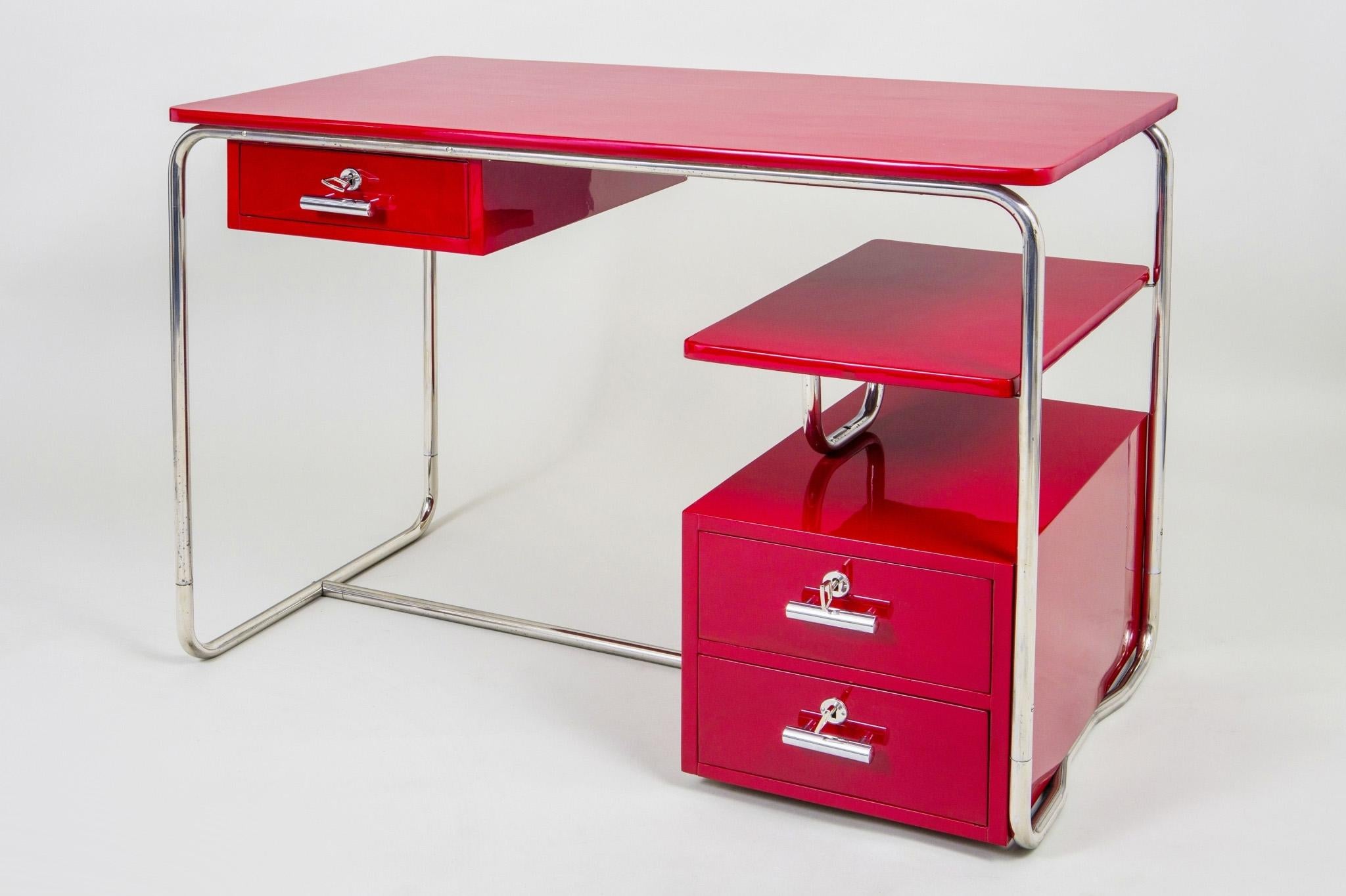 Red Bauhaus Writing Desk Made in 1930s Germany, Restored  3