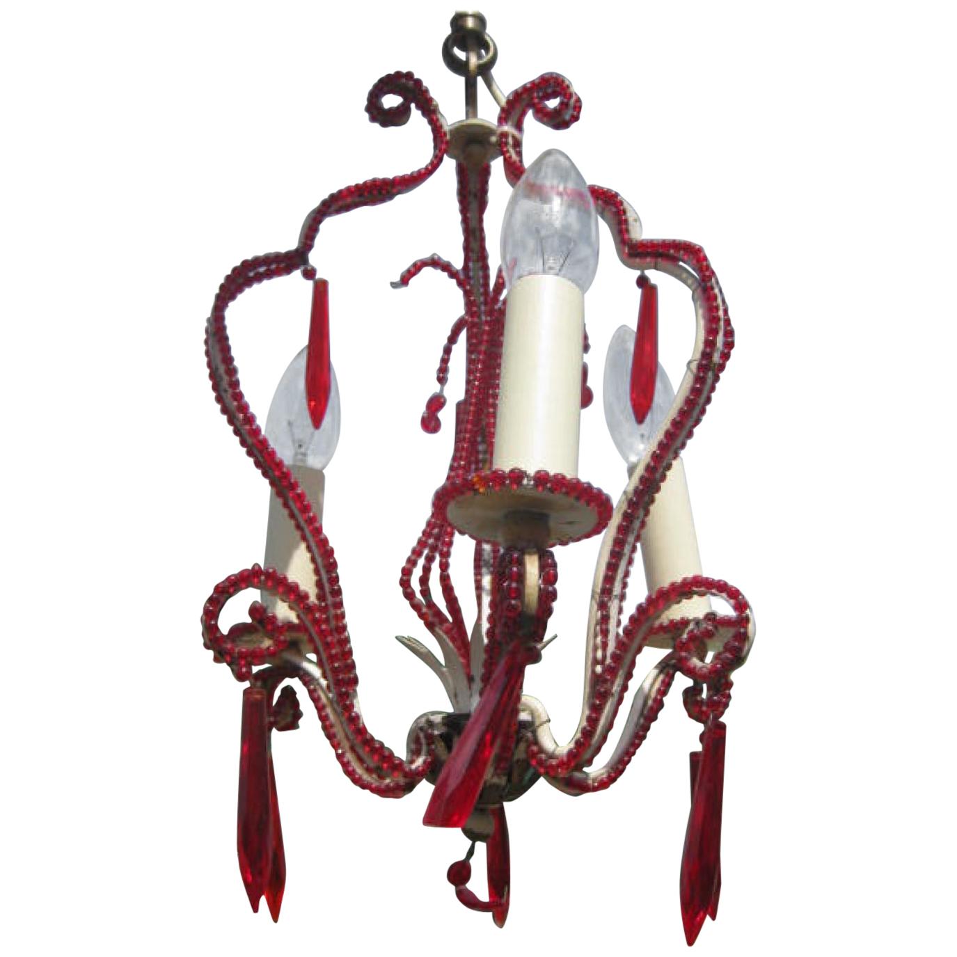 Red Beaded Decorative Chandelier, 20th Century For Sale