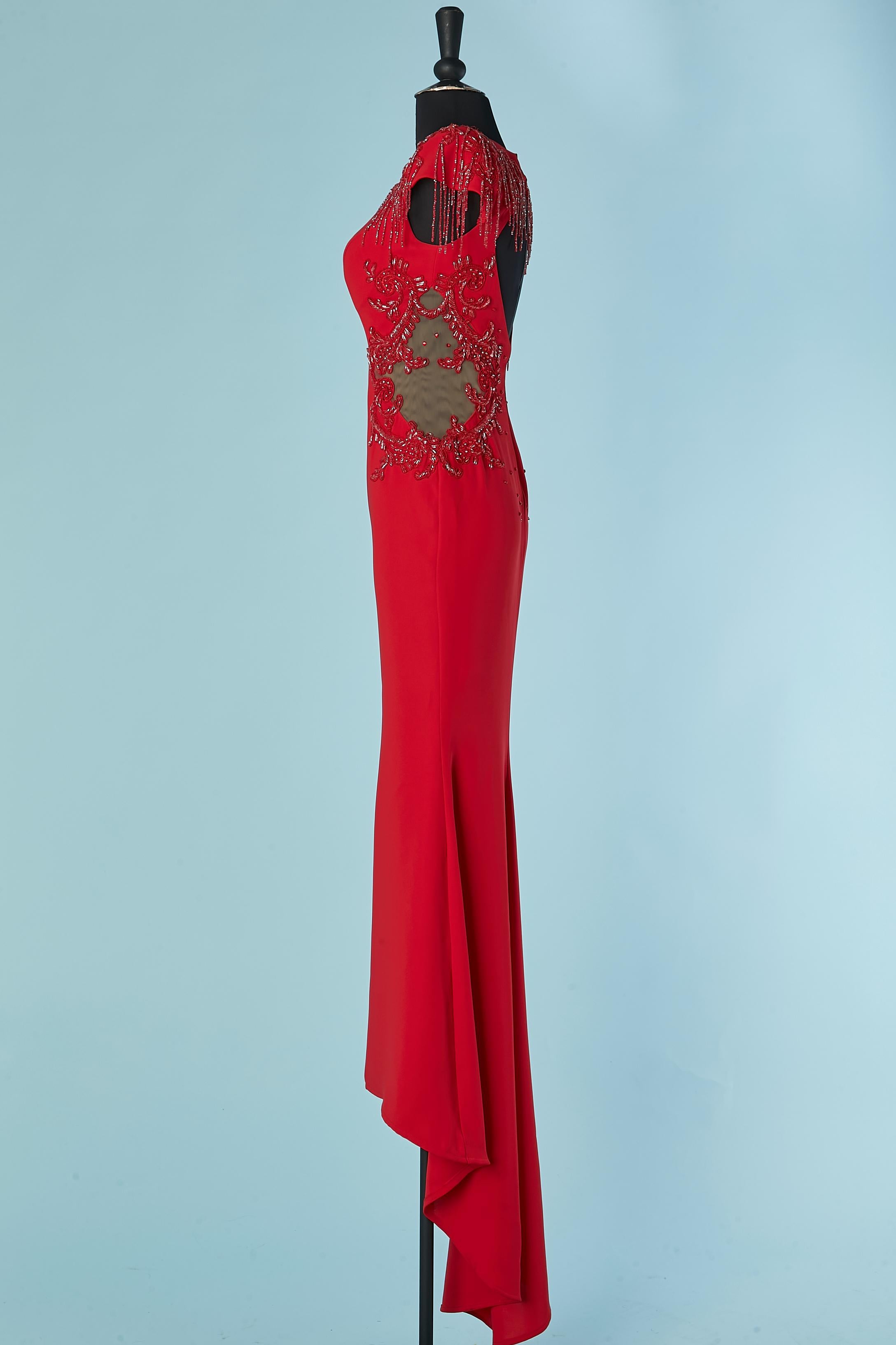 Women's Red beaded evening dress with see-through tulle Gai Mattiolo The Red Carpet For Sale