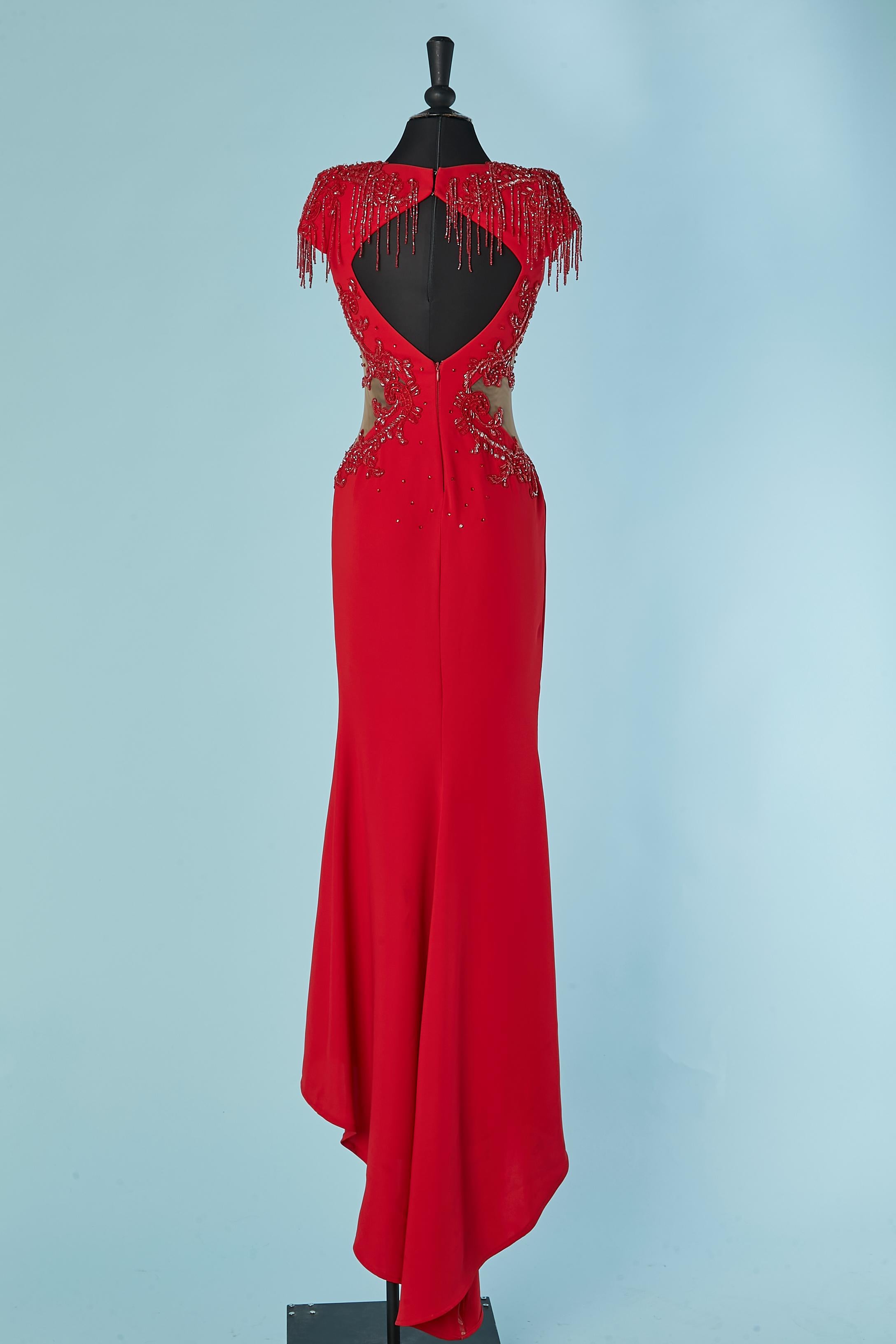 Red beaded evening dress with see-through tulle Gai Mattiolo The Red Carpet For Sale 1