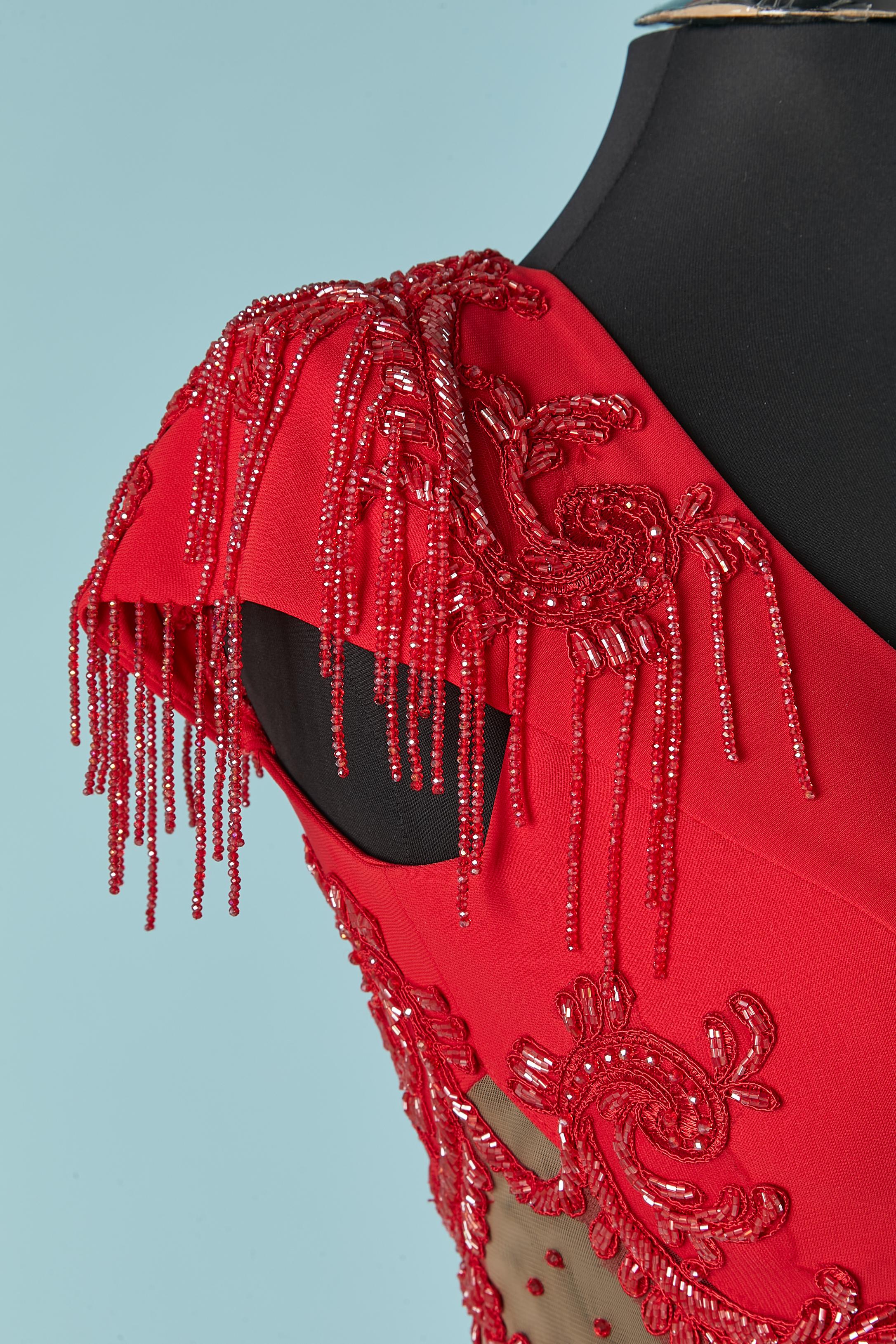 Red beaded evening dress with see-through tulle Gai Mattiolo The Red Carpet For Sale 2
