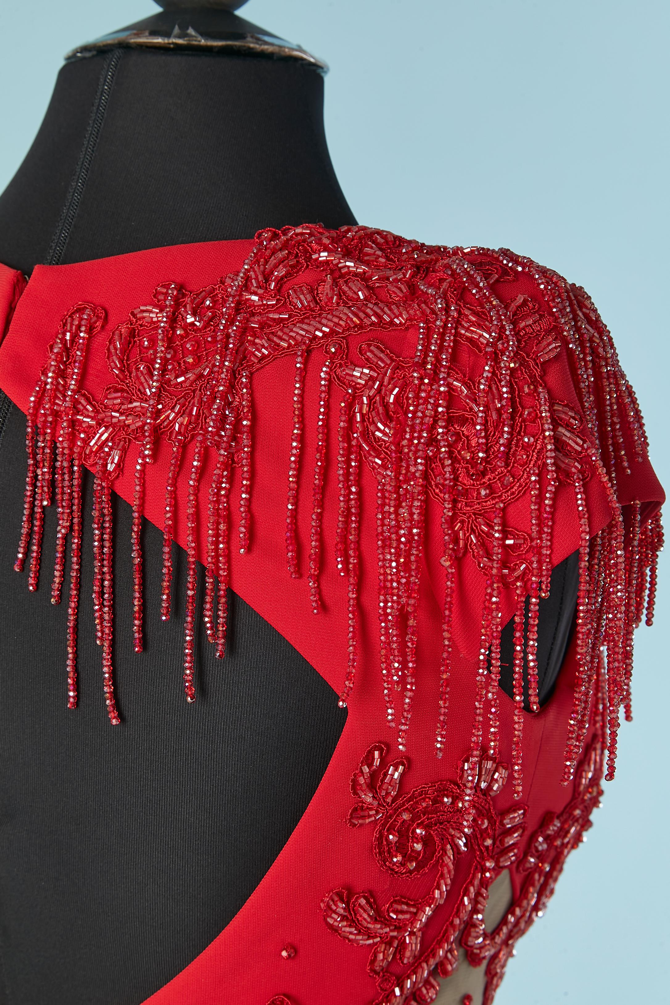 Red beaded evening dress with see-through tulle Gai Mattiolo The Red Carpet For Sale 3
