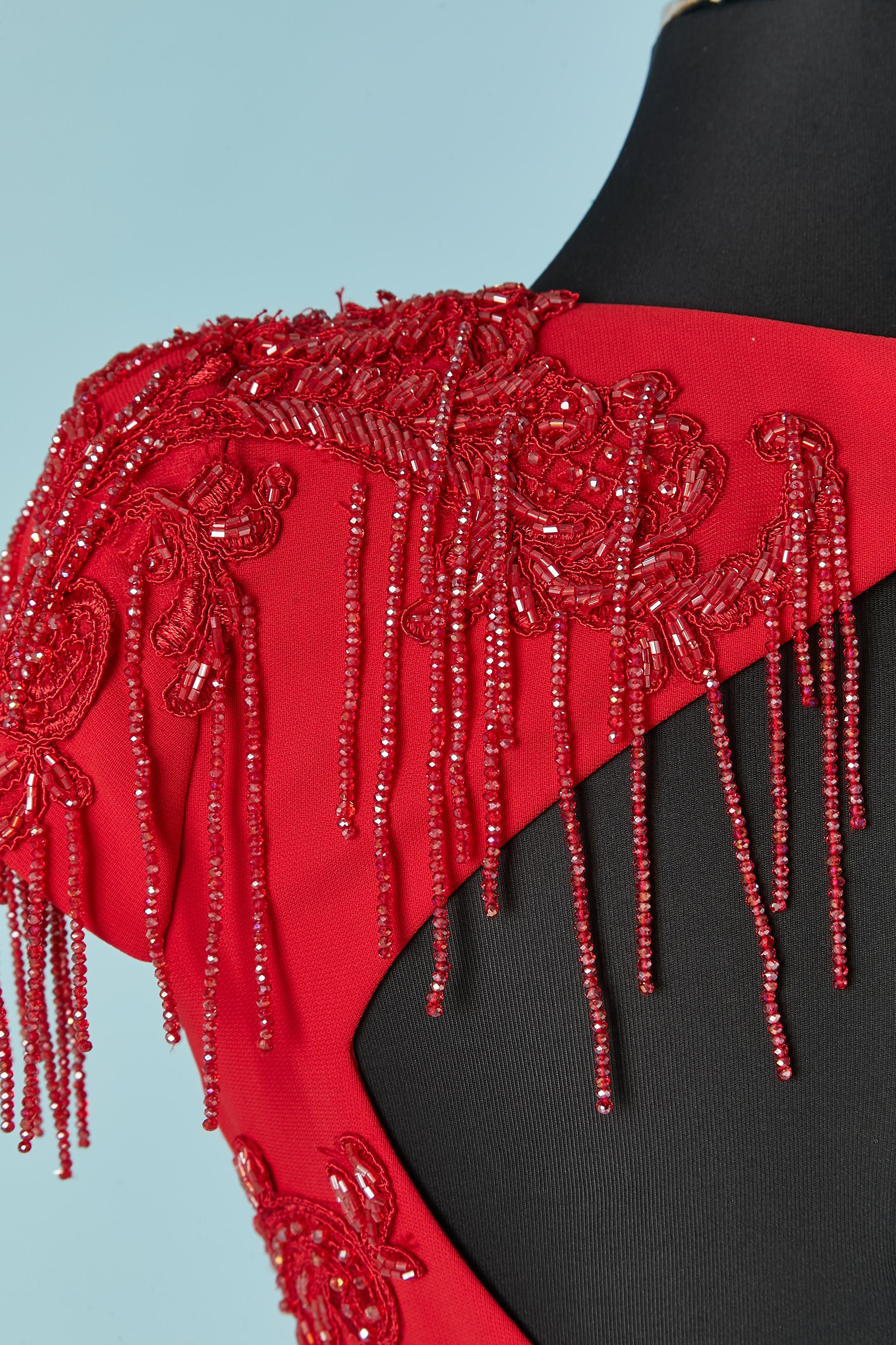 Red beaded evening dress with see-through tulle Gai Mattiolo The Red Carpet For Sale 4