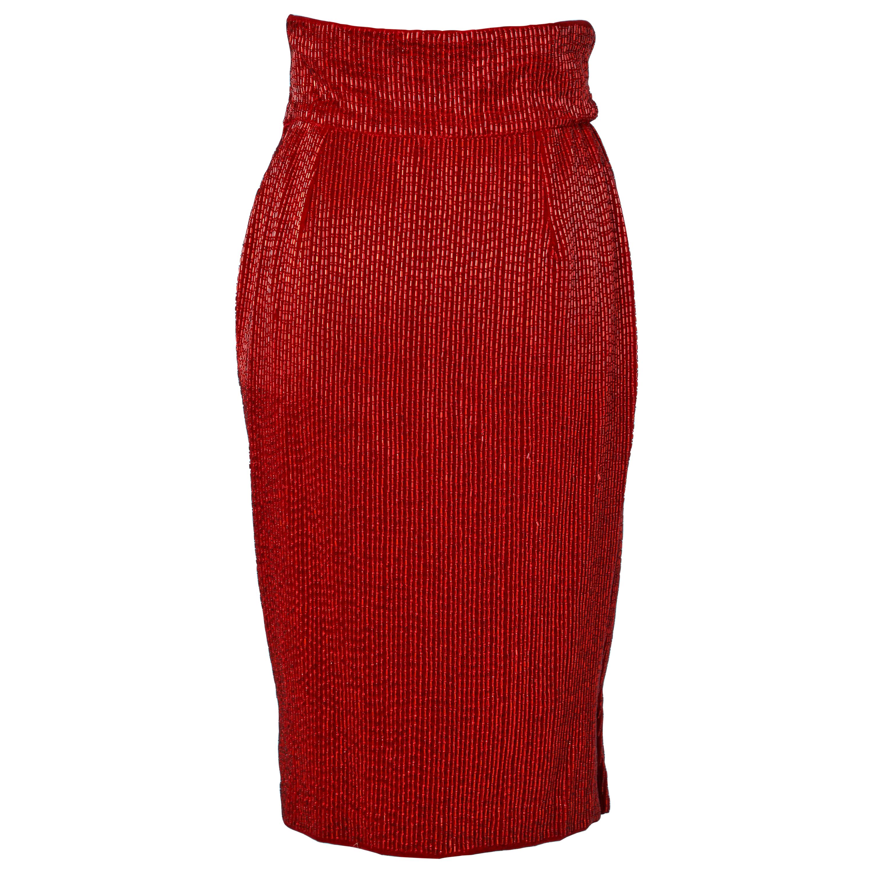 Red Beaded evening skirt Gianni Versace Sera
