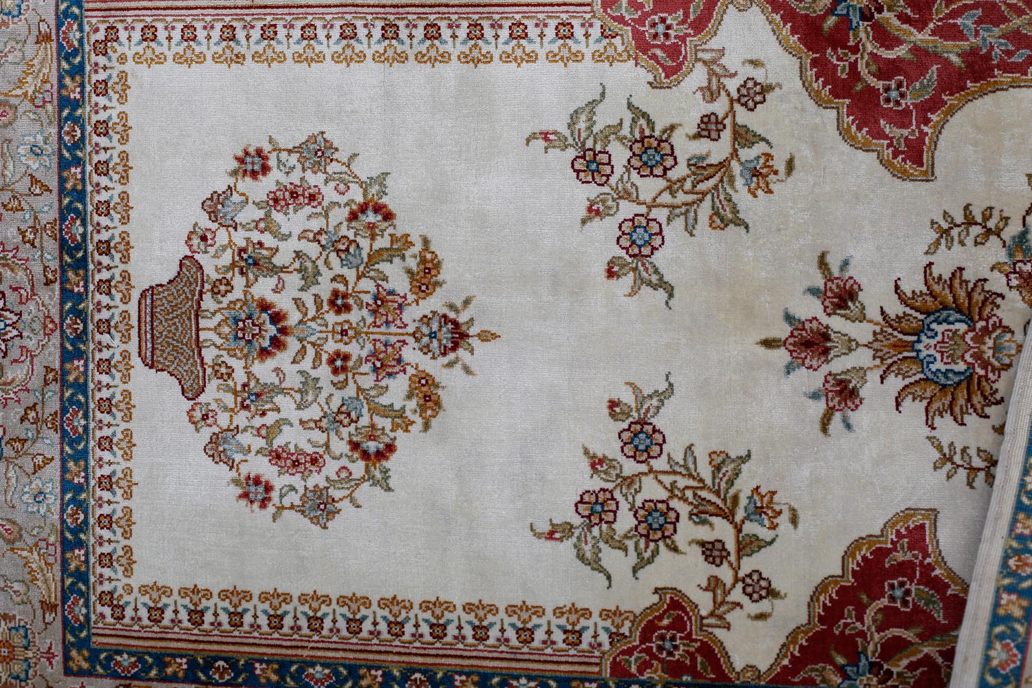 Contemporary Red, Beige and Ivory Handmade Silk Distressed Anatolian Hereke Rug For Sale