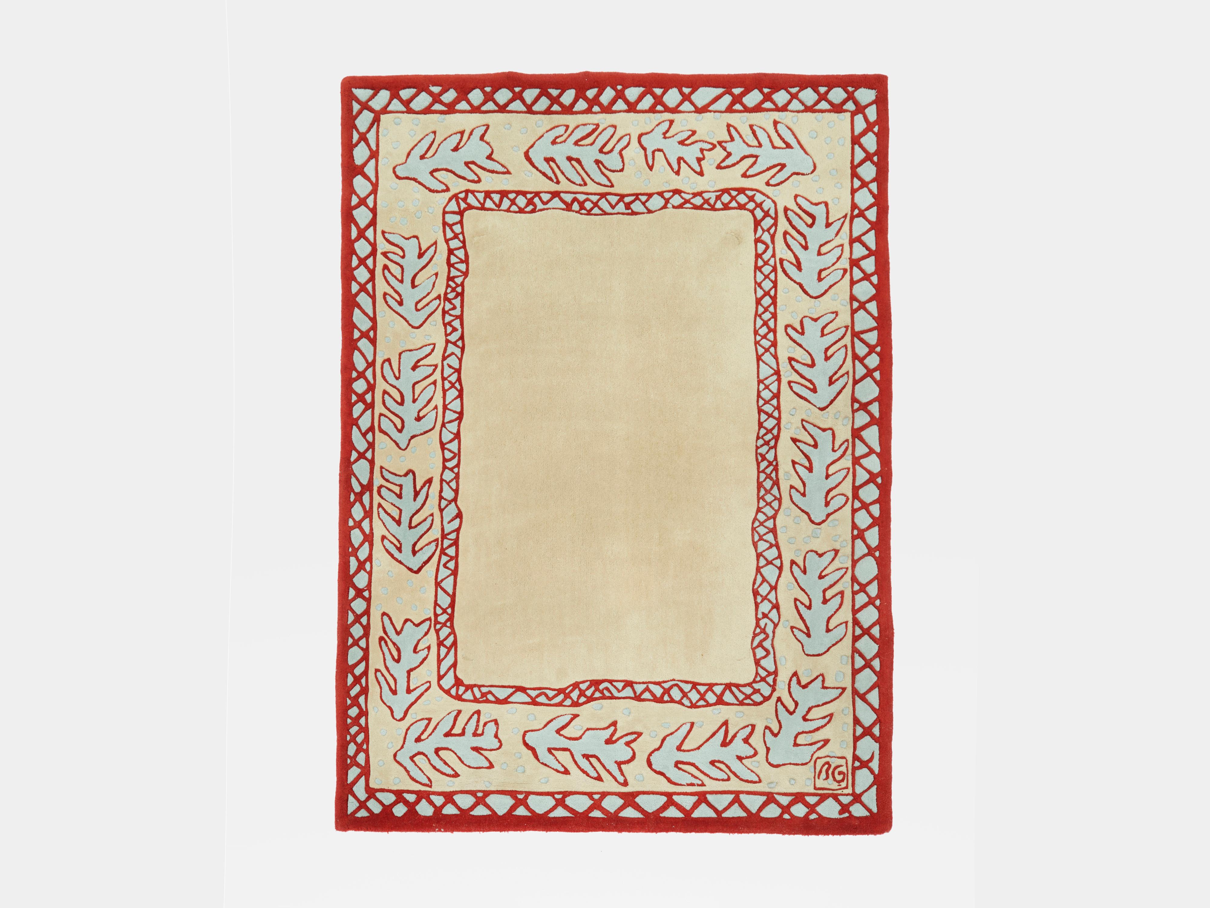 Rêverie carpet designed and created by Elizabeth Garouste and Mattia Bonetti for Sam Laik in 1993. Made of thick tufted wool, his beautiful piece features a very poetic red and light green pattern, and is signed BG and the lower right. This rug has