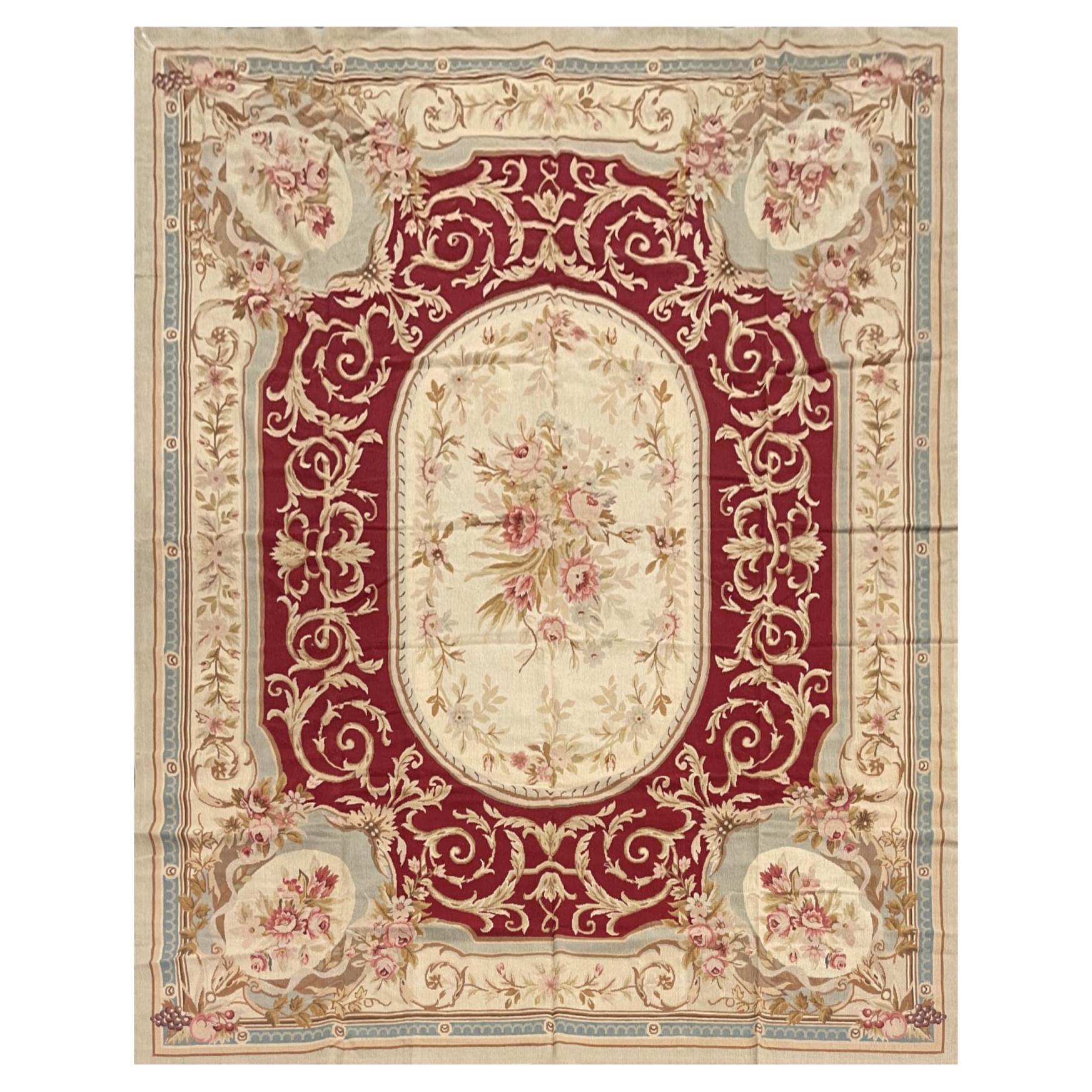 Red Beige Aubusson Rug French Traditional Carpet Handwoven Floral Needlepoint For Sale