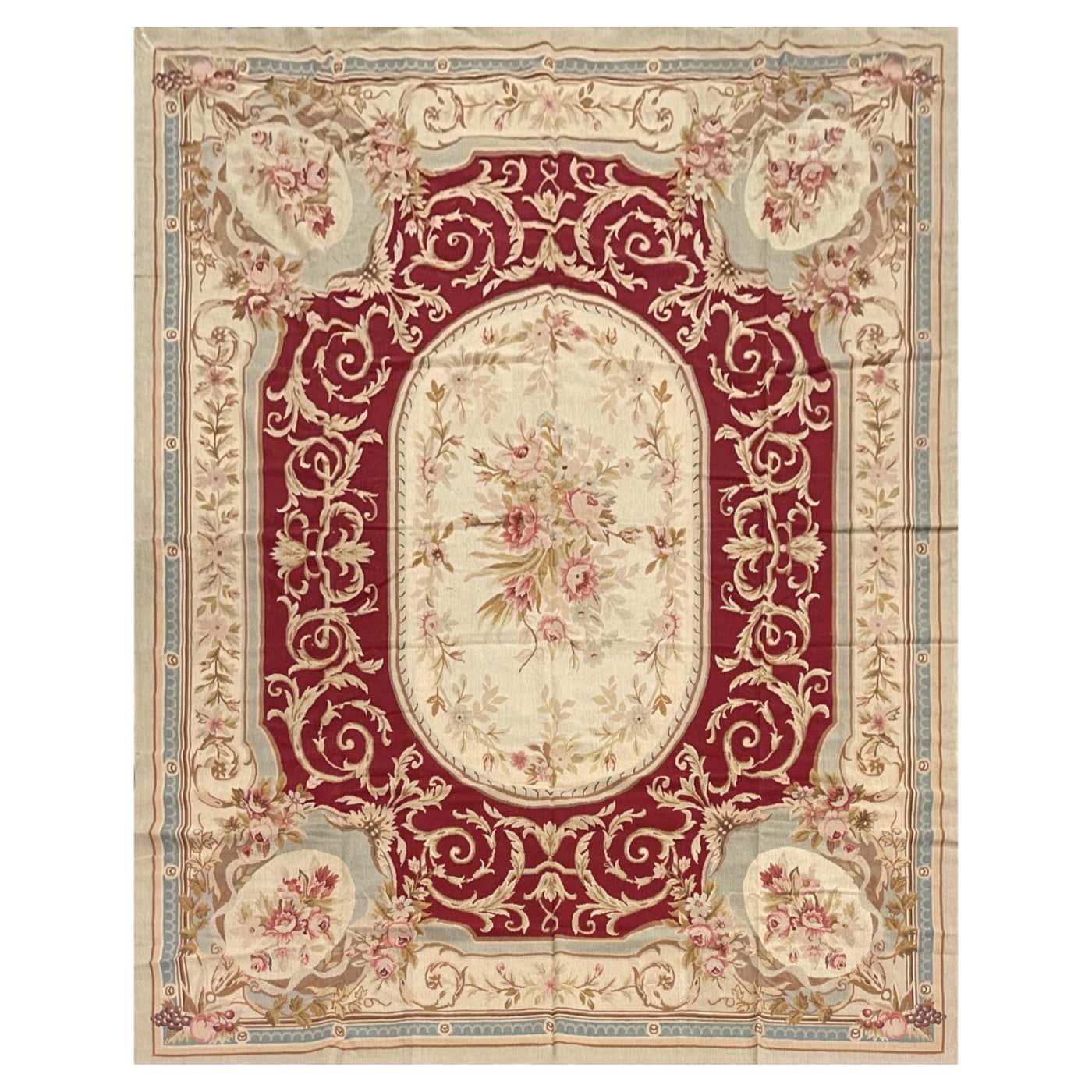 Red Beige Aubusson Rug French Traditional Carpet Handwoven Floral ...