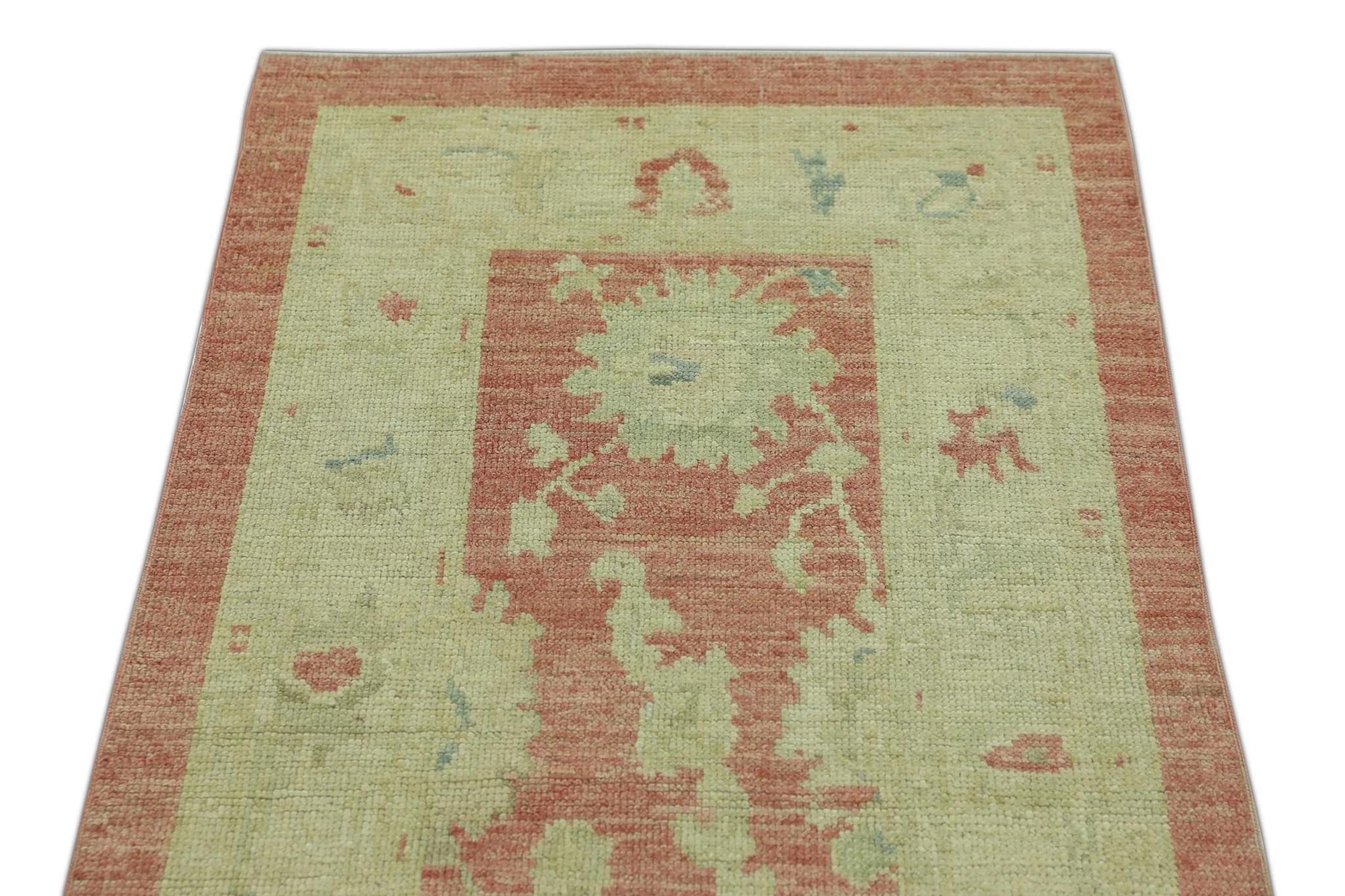 Modern Red & Beige Handwoven Wool Turkish Oushak Rug 2'10