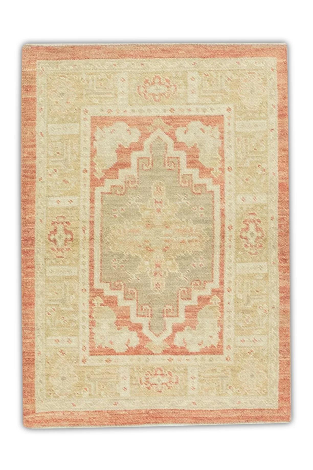 Contemporary Red & Beige Handwoven Wool Turkish Oushak Rug 3' x 4'2