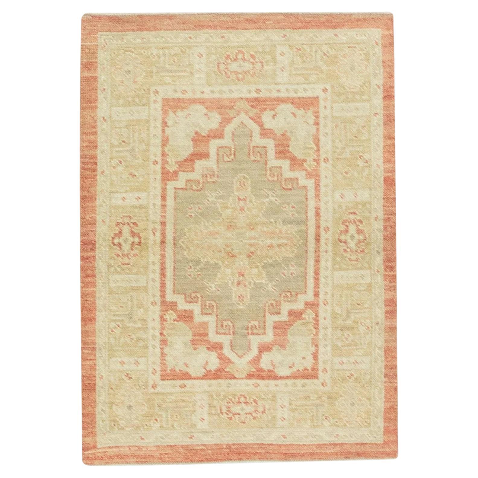 Red & Beige Handwoven Wool Turkish Oushak Rug 3' x 4'2" For Sale